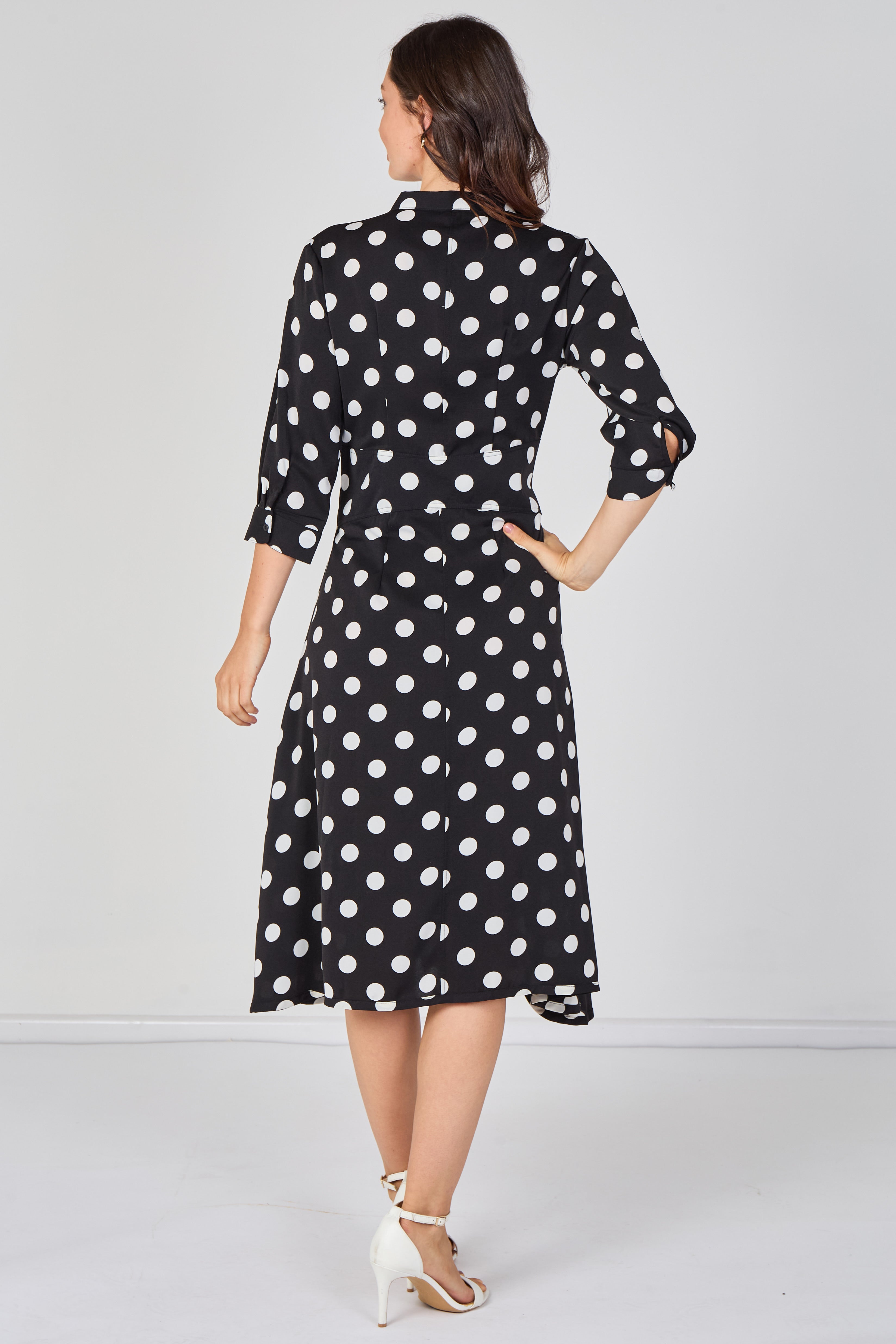 8Pcs Black Large Polka Dot Quarter Sleeve Tie Waist Midi Dress