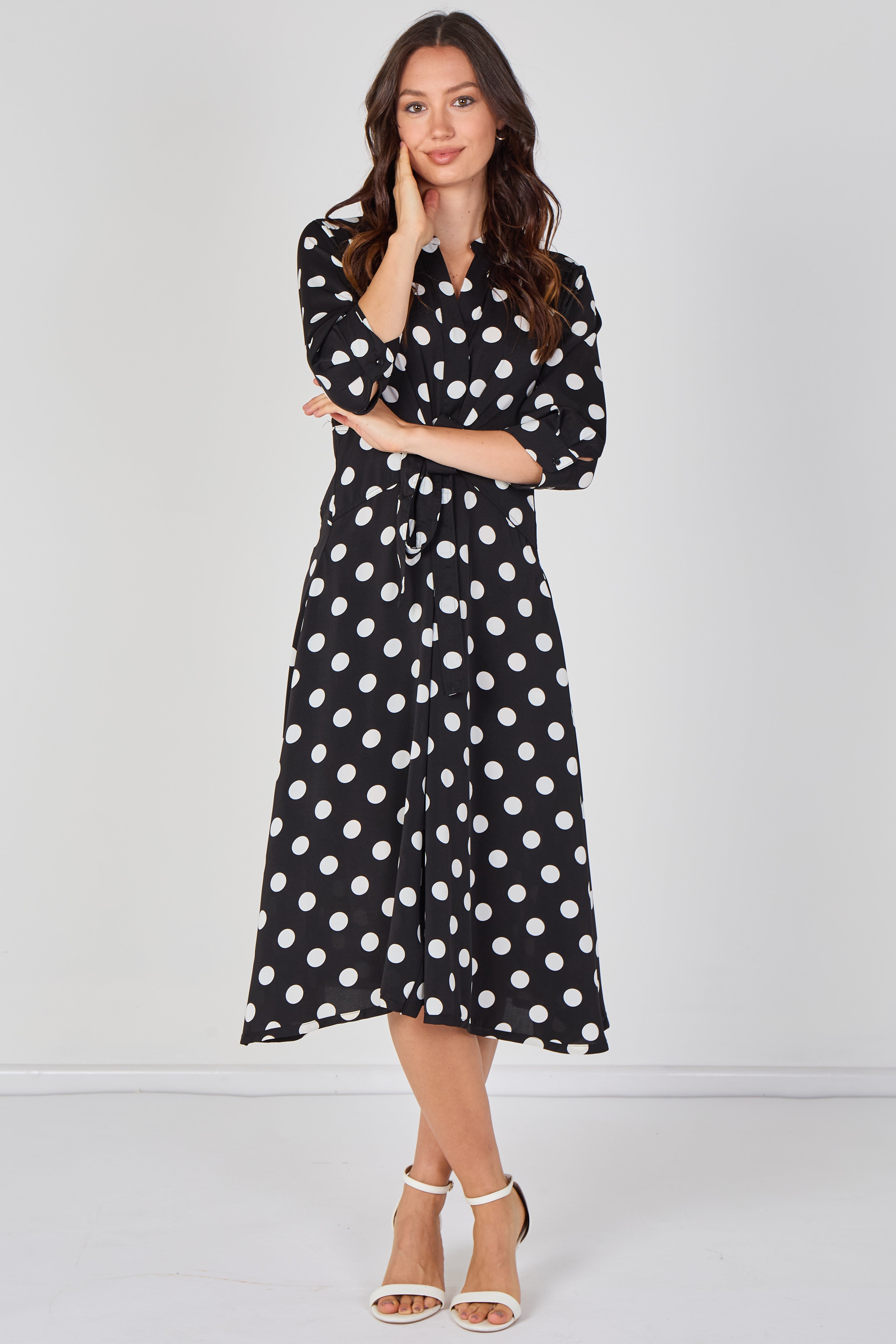 8Pcs Black Large Polka Dot Quarter Sleeve Tie Waist Midi Dress