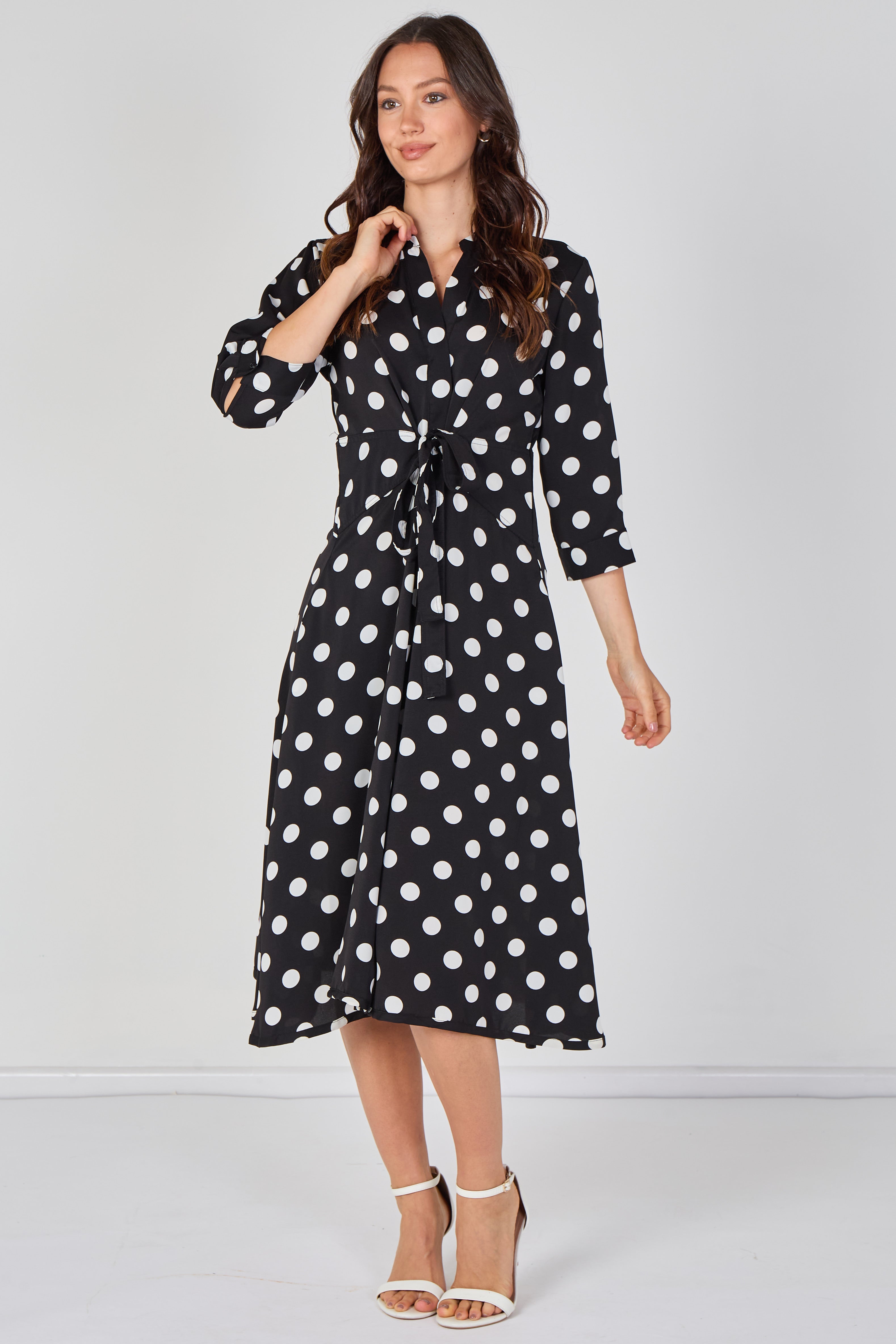 8Pcs Black Large Polka Dot Quarter Sleeve Tie Waist Midi Dress