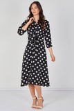 8Pcs Black Large Polka Dot Quarter Sleeve Tie Waist Midi Dress