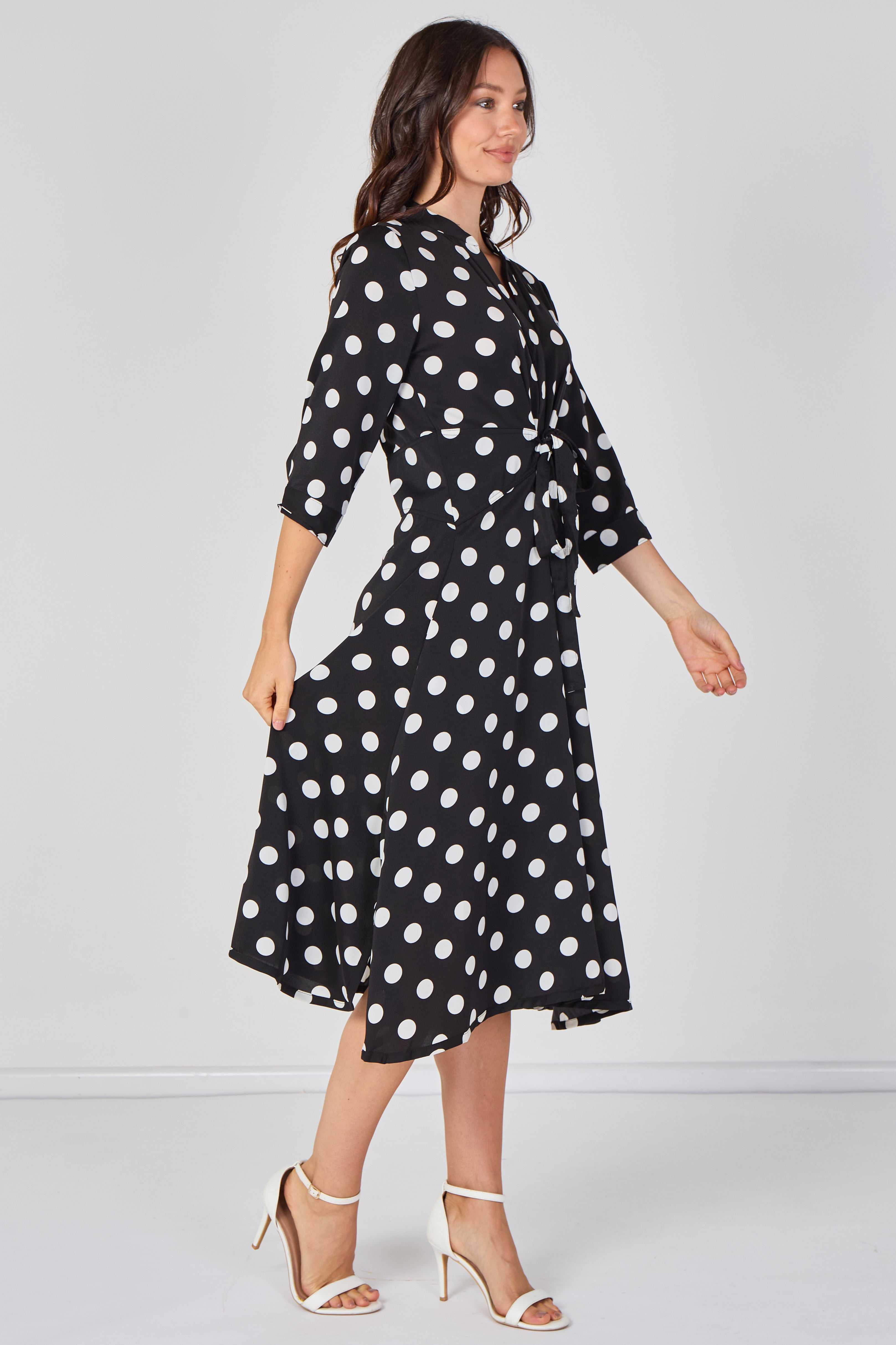 8Pcs Black Large Polka Dot Quarter Sleeve Tie Waist Midi Dress