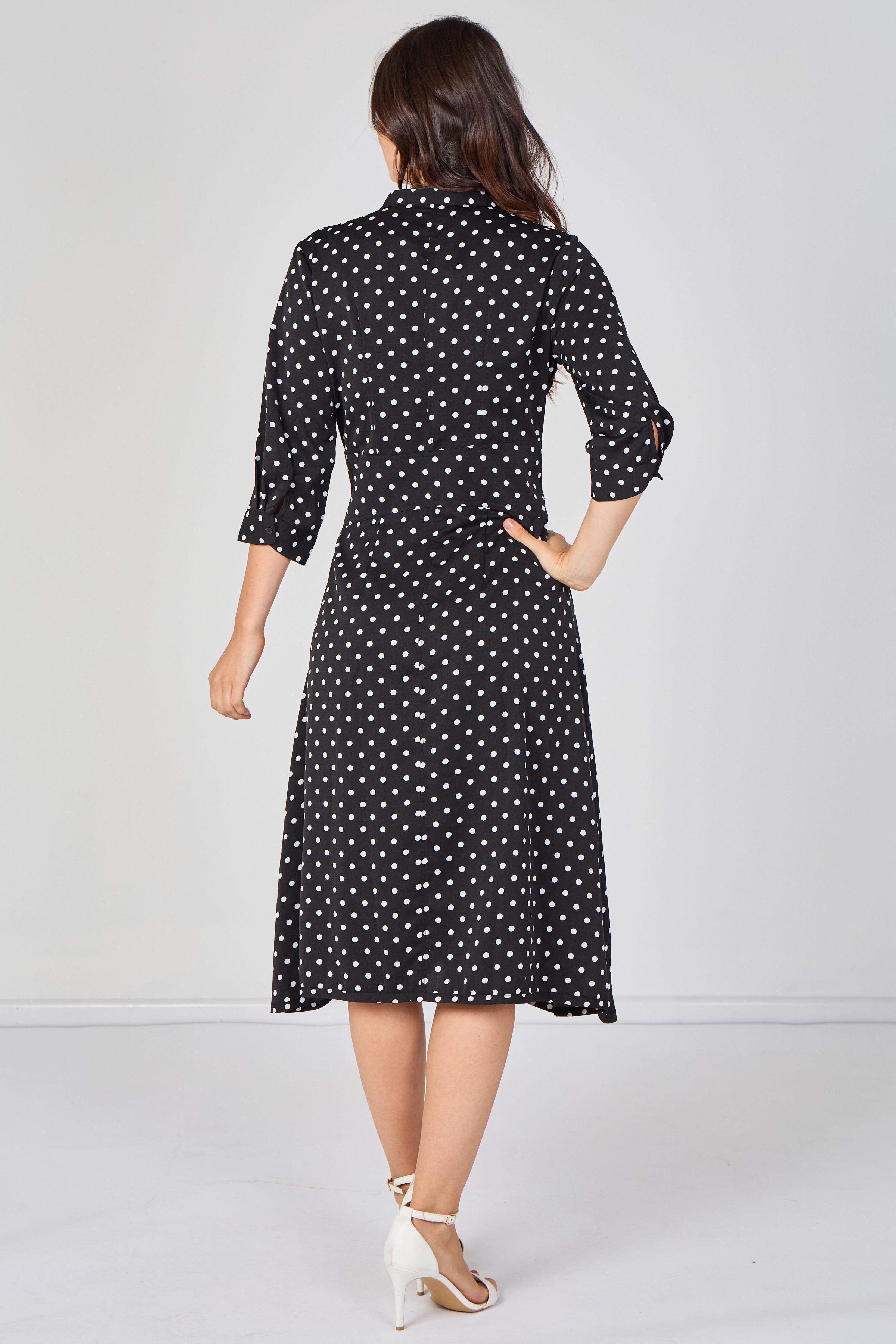 8Pcs Black Mini Polka Dot Quarter Sleeve Tie Waist Midi Dress