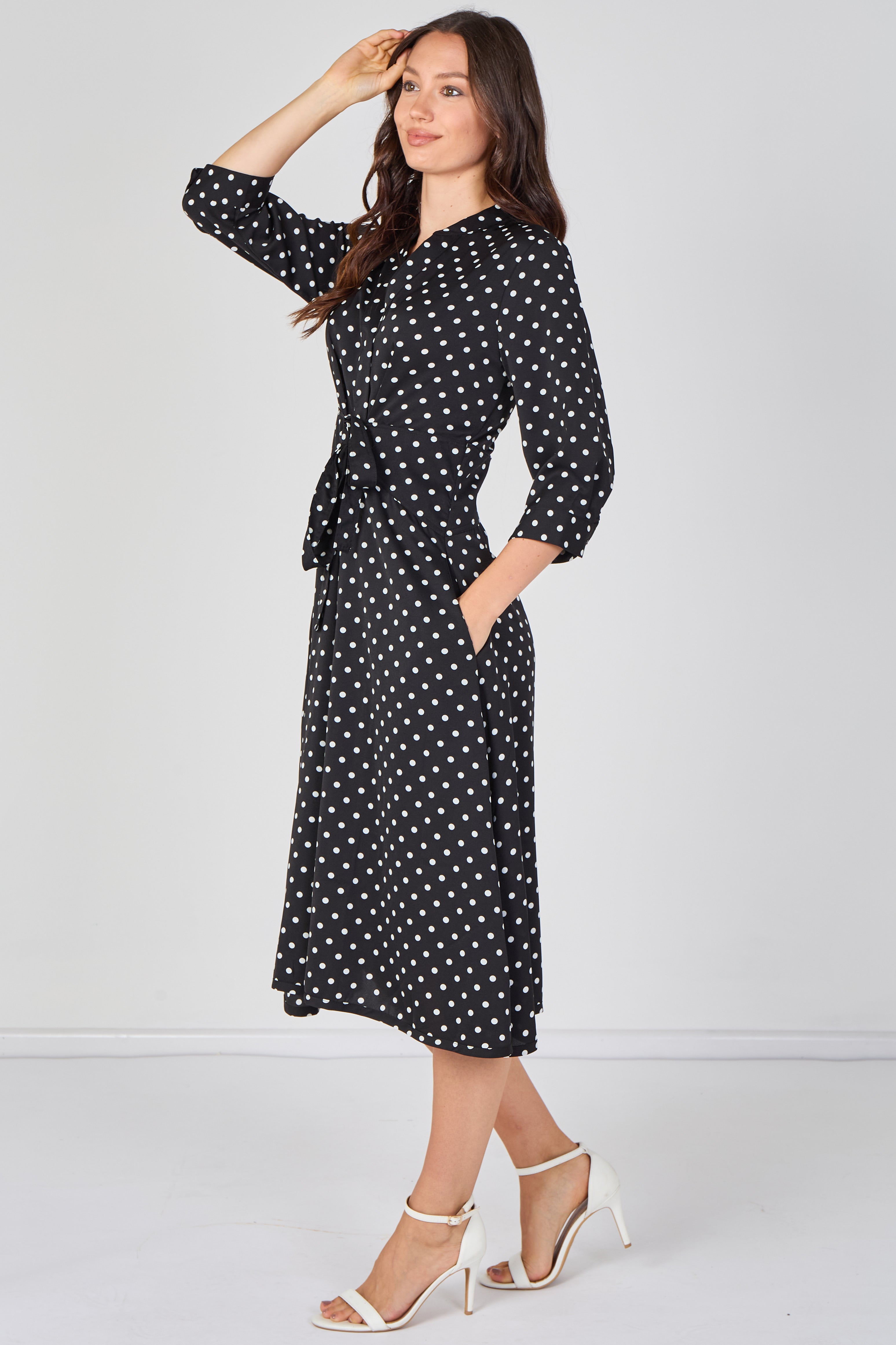 8Pcs Black Mini Polka Dot Quarter Sleeve Tie Waist Midi Dress