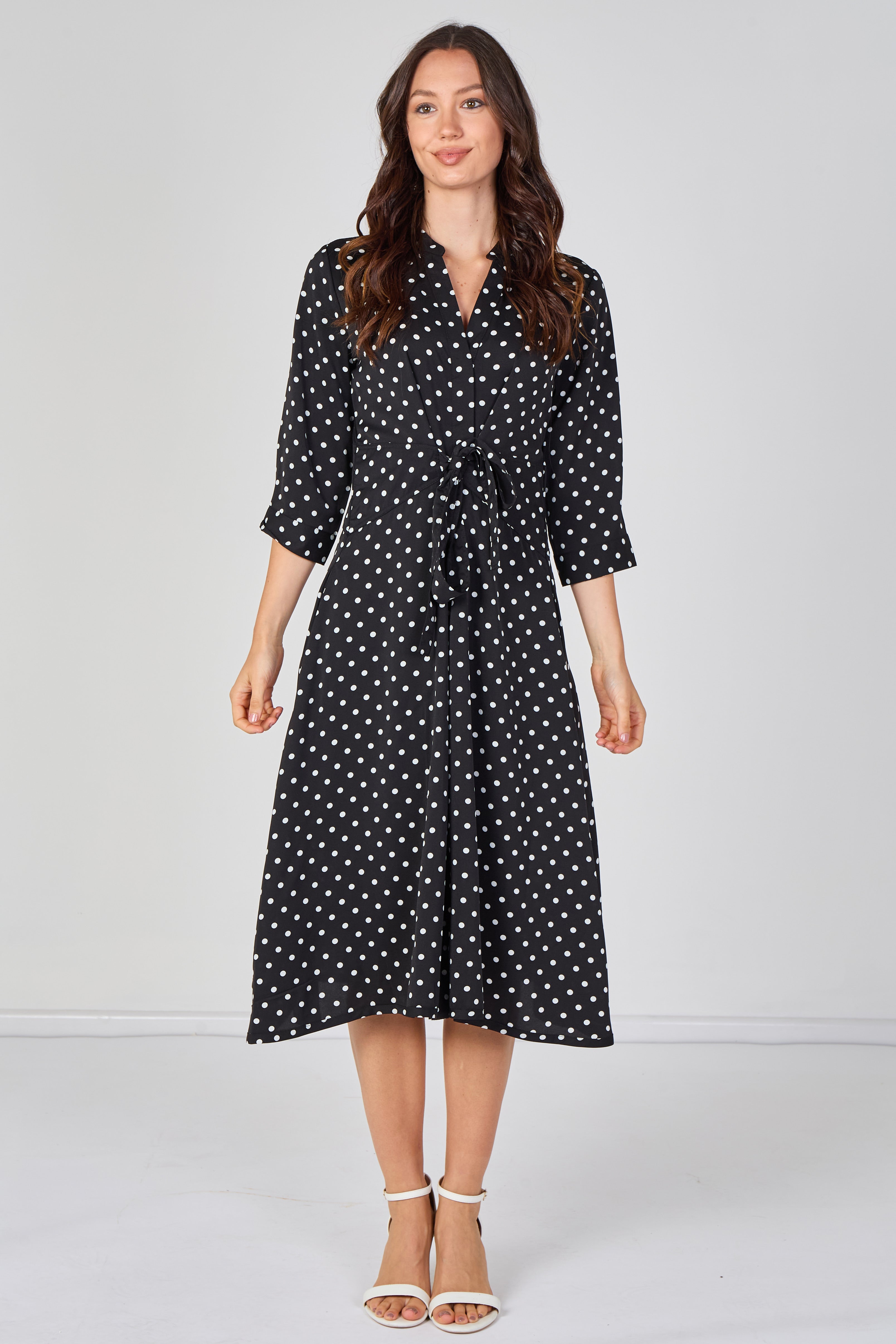8Pcs Black Mini Polka Dot Quarter Sleeve Tie Waist Midi Dress
