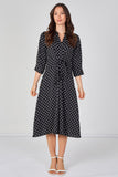 8Pcs Black Mini Polka Dot Quarter Sleeve Tie Waist Midi Dress