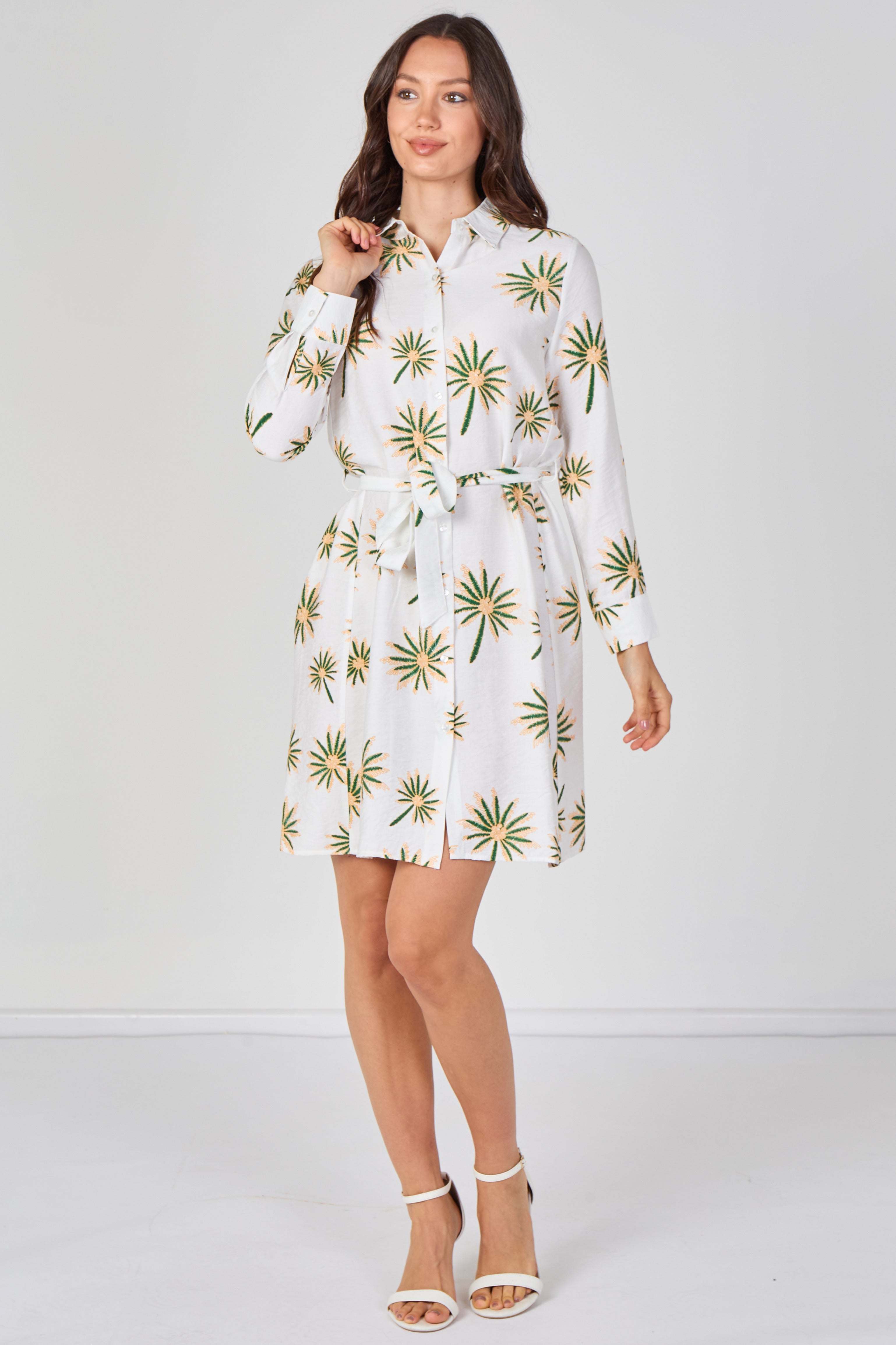 6Pcs White Floral Print Long Sleeve Mini Shirt Dress