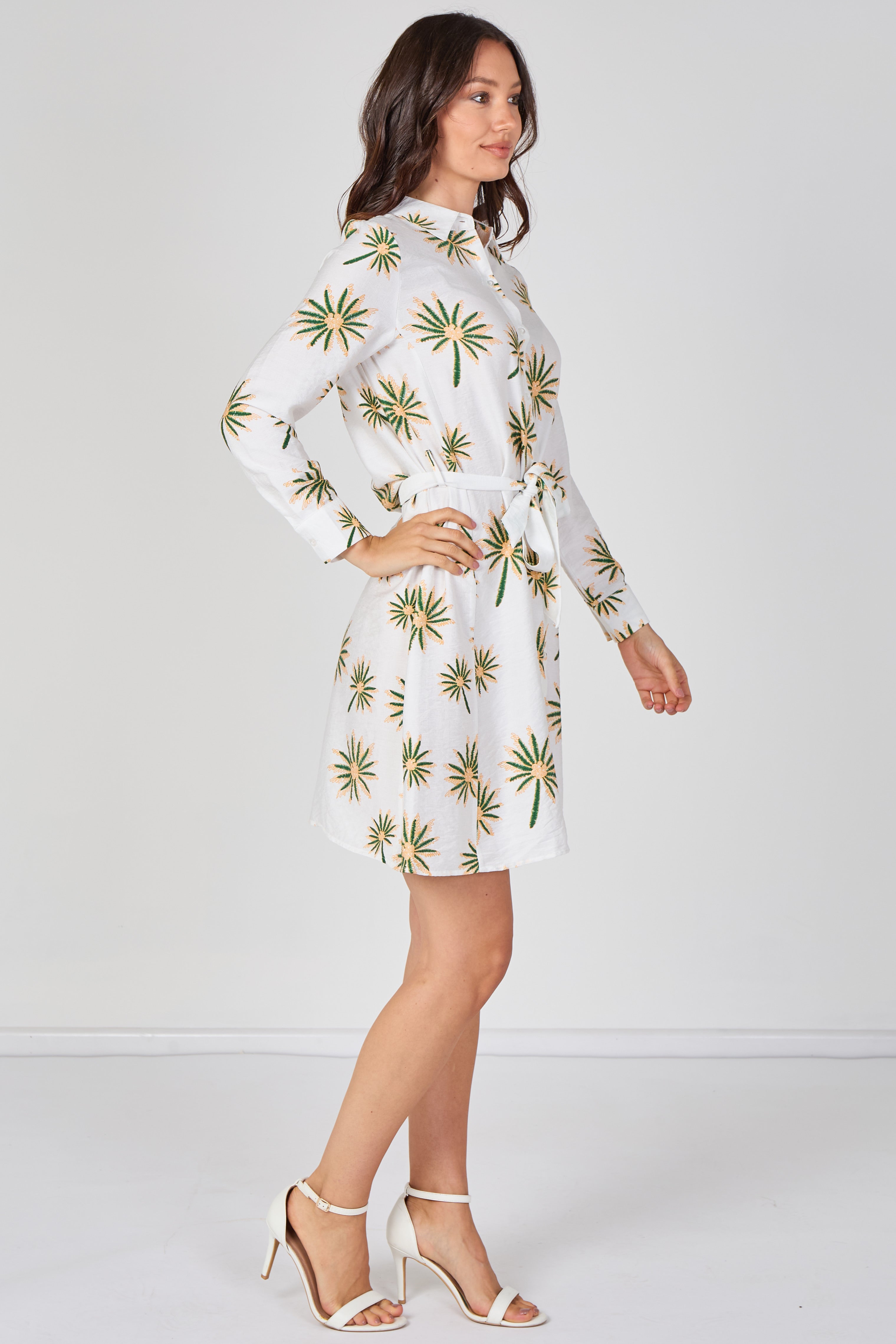 6Pcs White Floral Print Long Sleeve Mini Shirt Dress