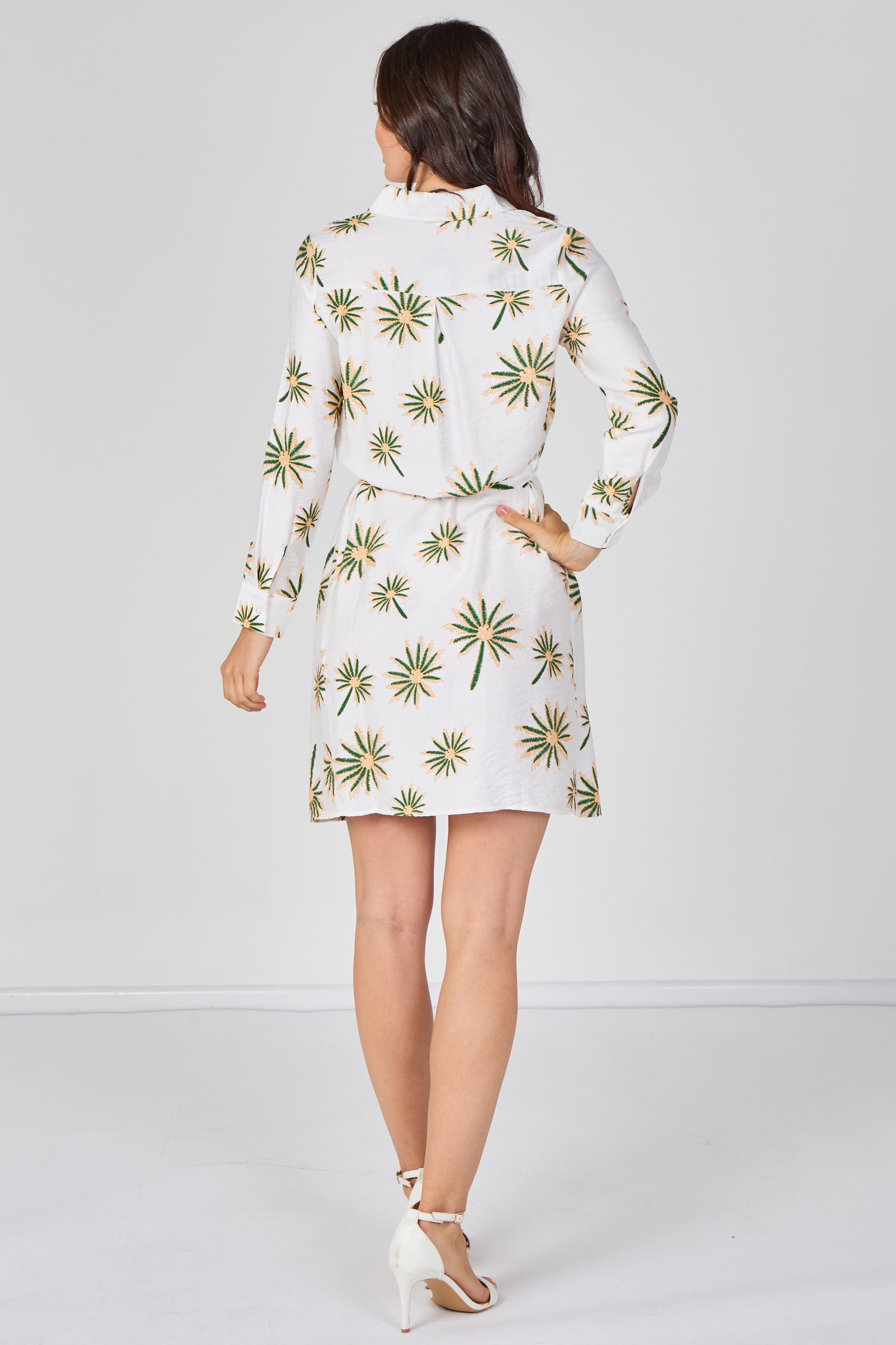 6Pcs White Floral Print Long Sleeve Mini Shirt Dress