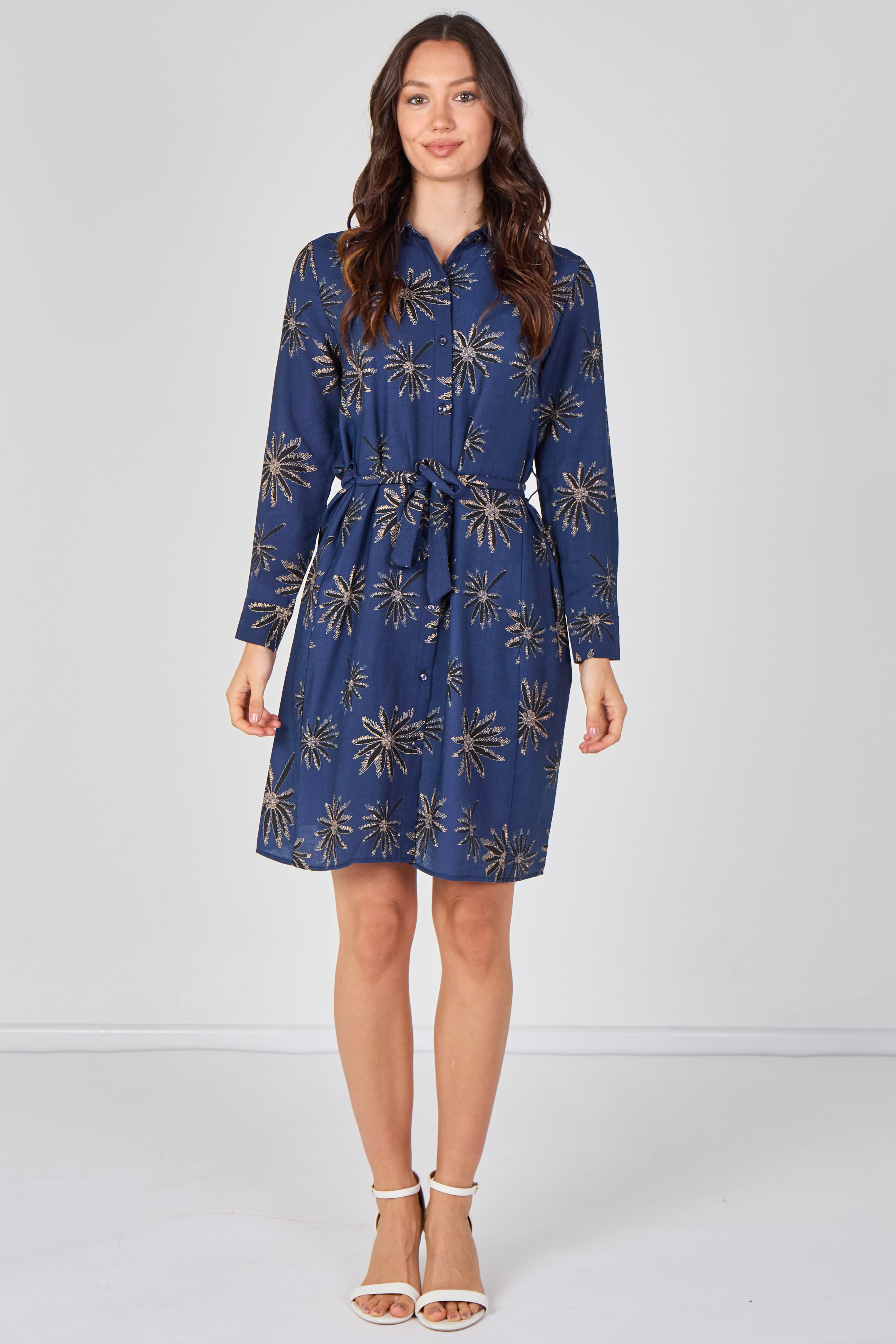 6Pcs Navy Floral Print Long Sleeve Mini Shirt Dress