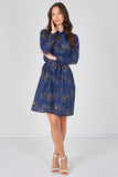 6Pcs Navy Floral Print Long Sleeve Mini Shirt Dress