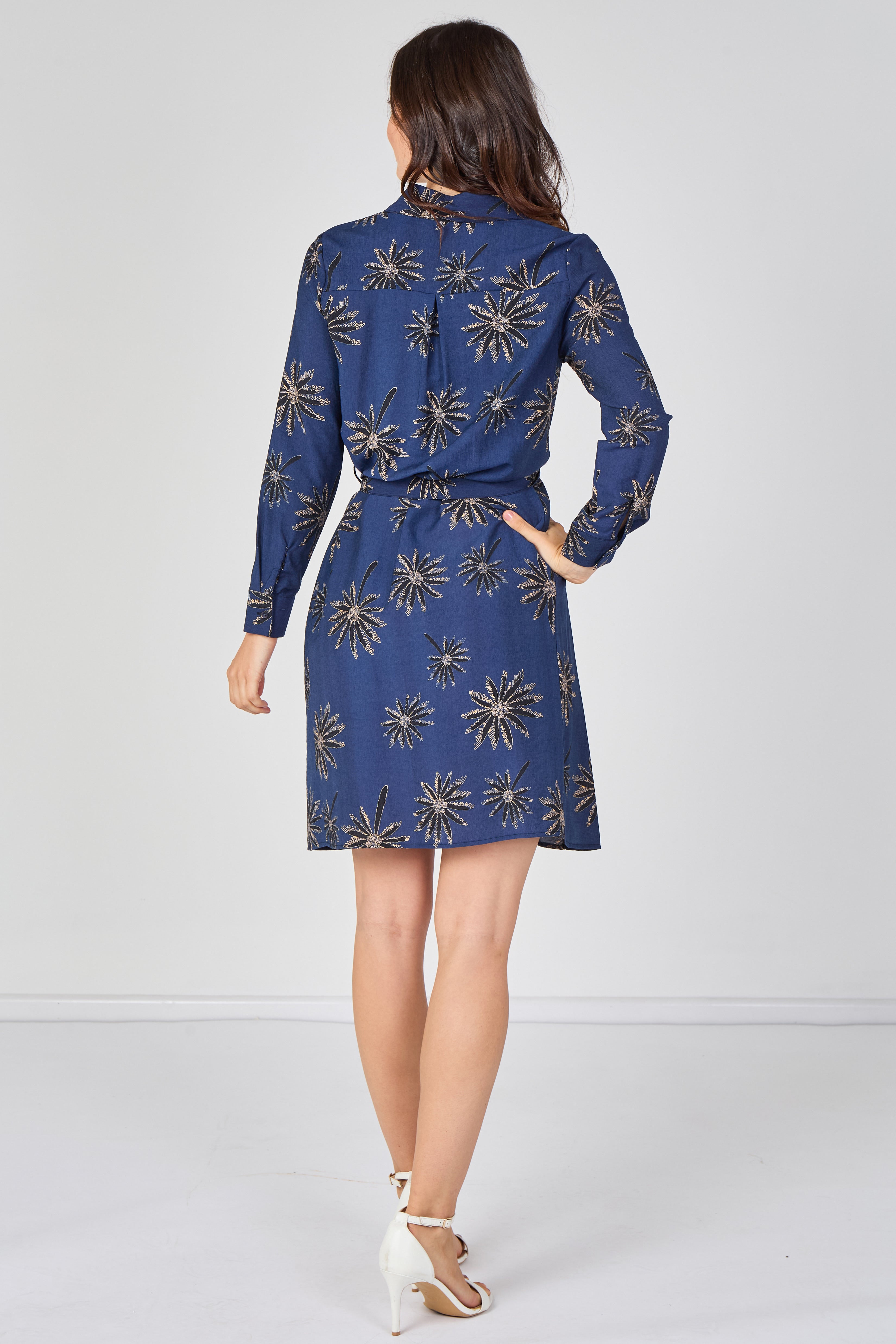 6Pcs Navy Floral Print Long Sleeve Mini Shirt Dress