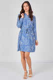 6Pcs Blue Geometric Print Long Sleeve Mini Shirt Dress