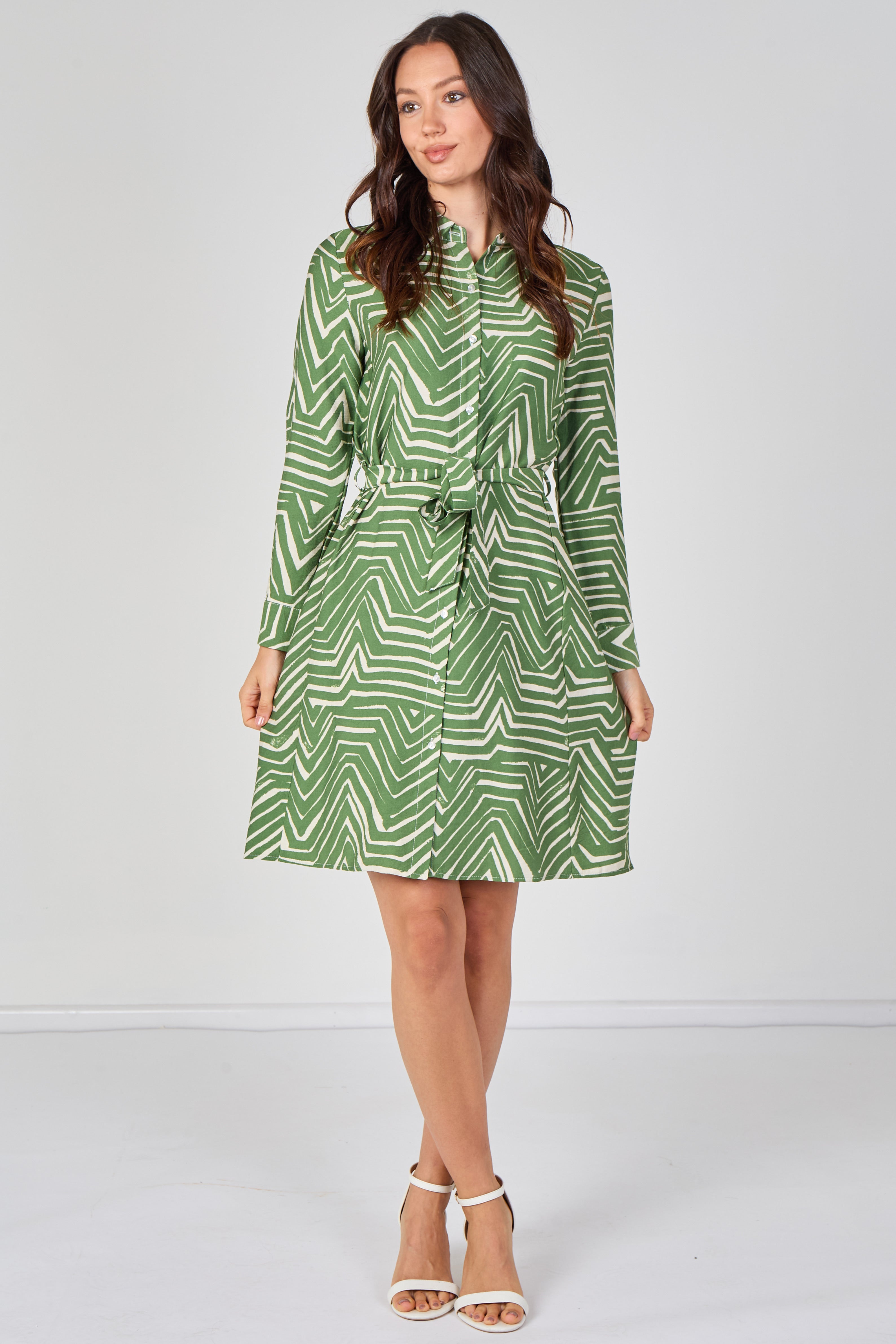 6Pcs Green Geometric Print Long Sleeve Mini Shirt Dress