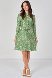 6Pcs Green Geometric Print Long Sleeve Mini Shirt Dress