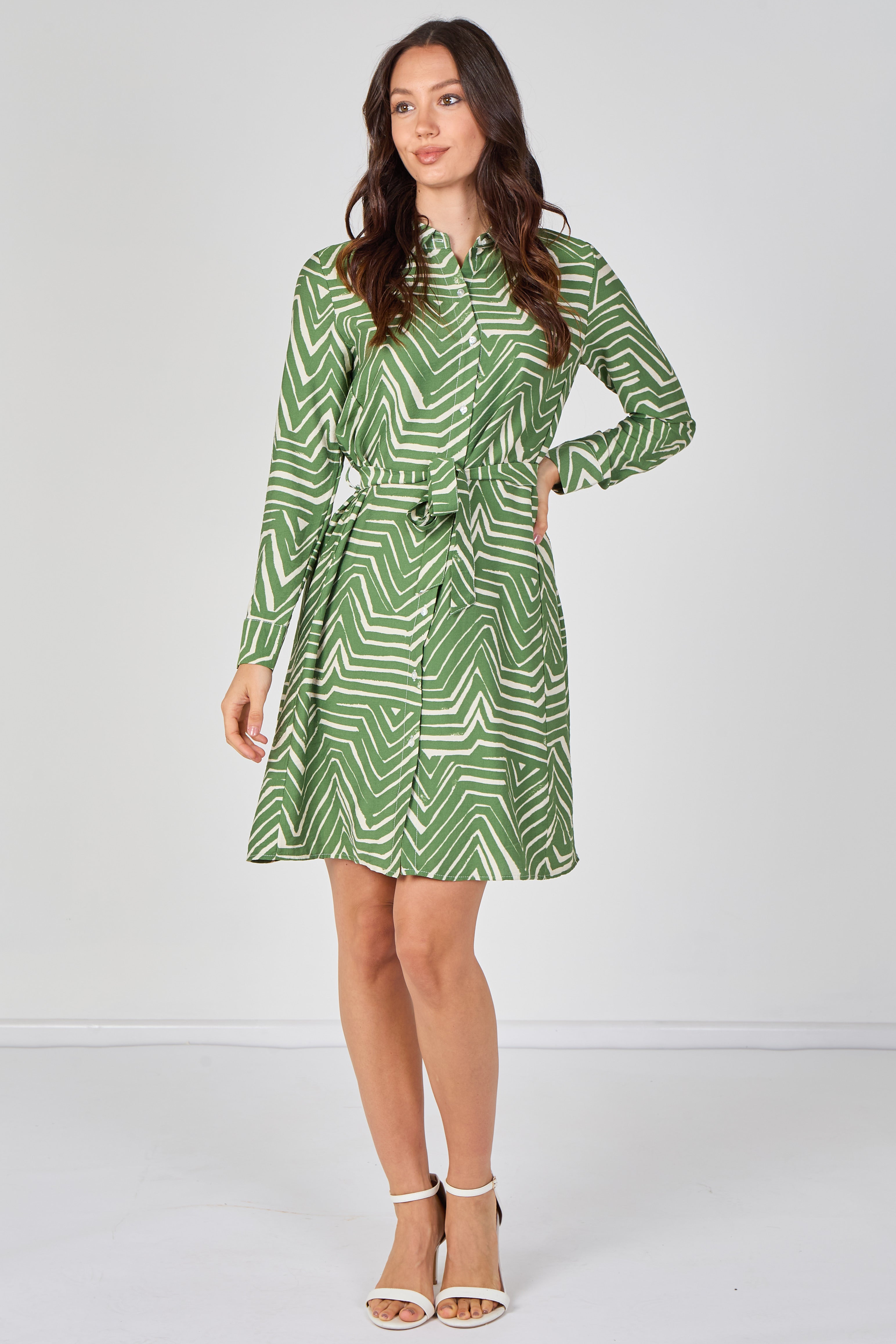 6Pcs Green Geometric Print Long Sleeve Mini Shirt Dress