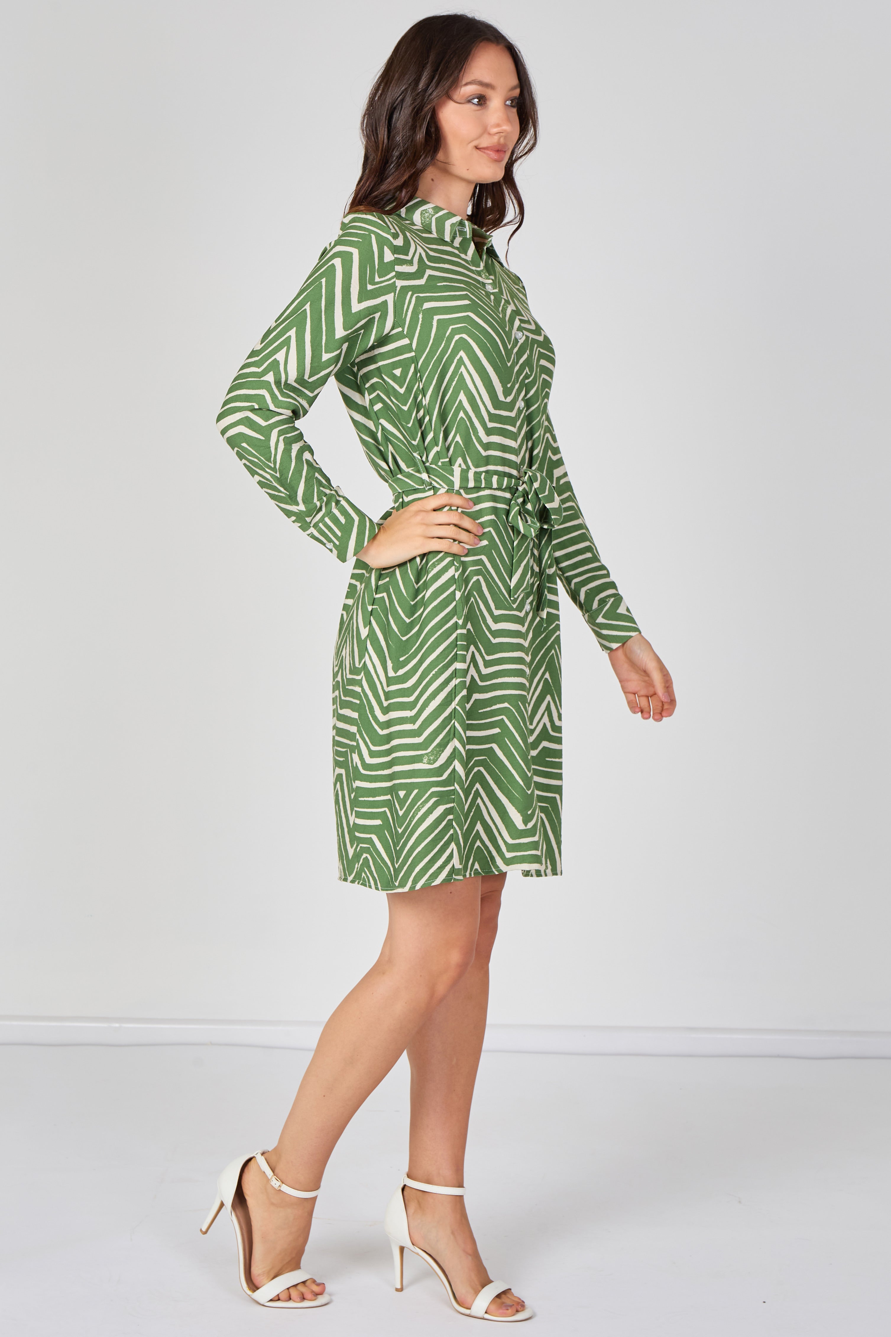 6Pcs Green Geometric Print Long Sleeve Mini Shirt Dress