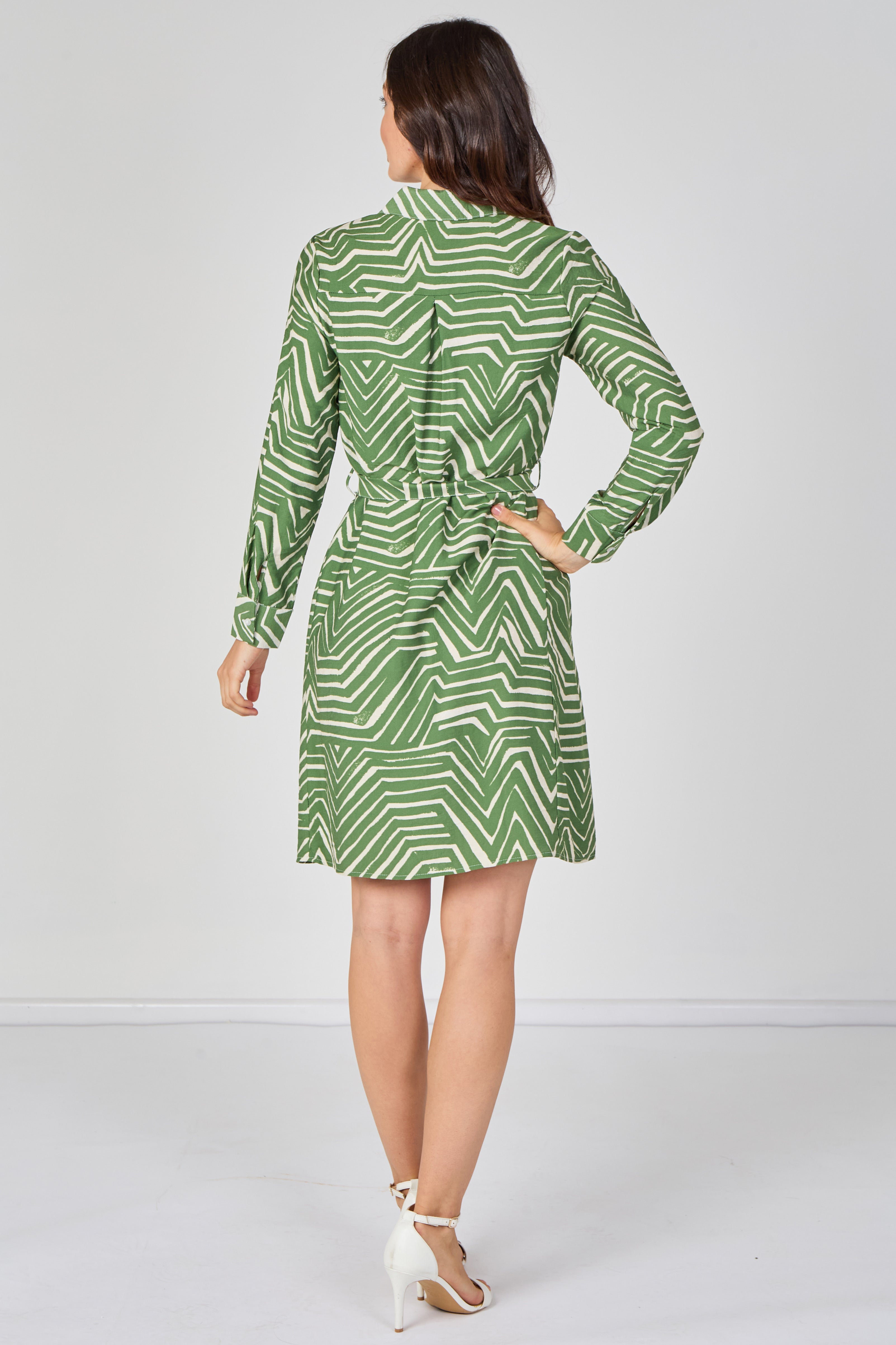 6Pcs Green Geometric Print Long Sleeve Mini Shirt Dress