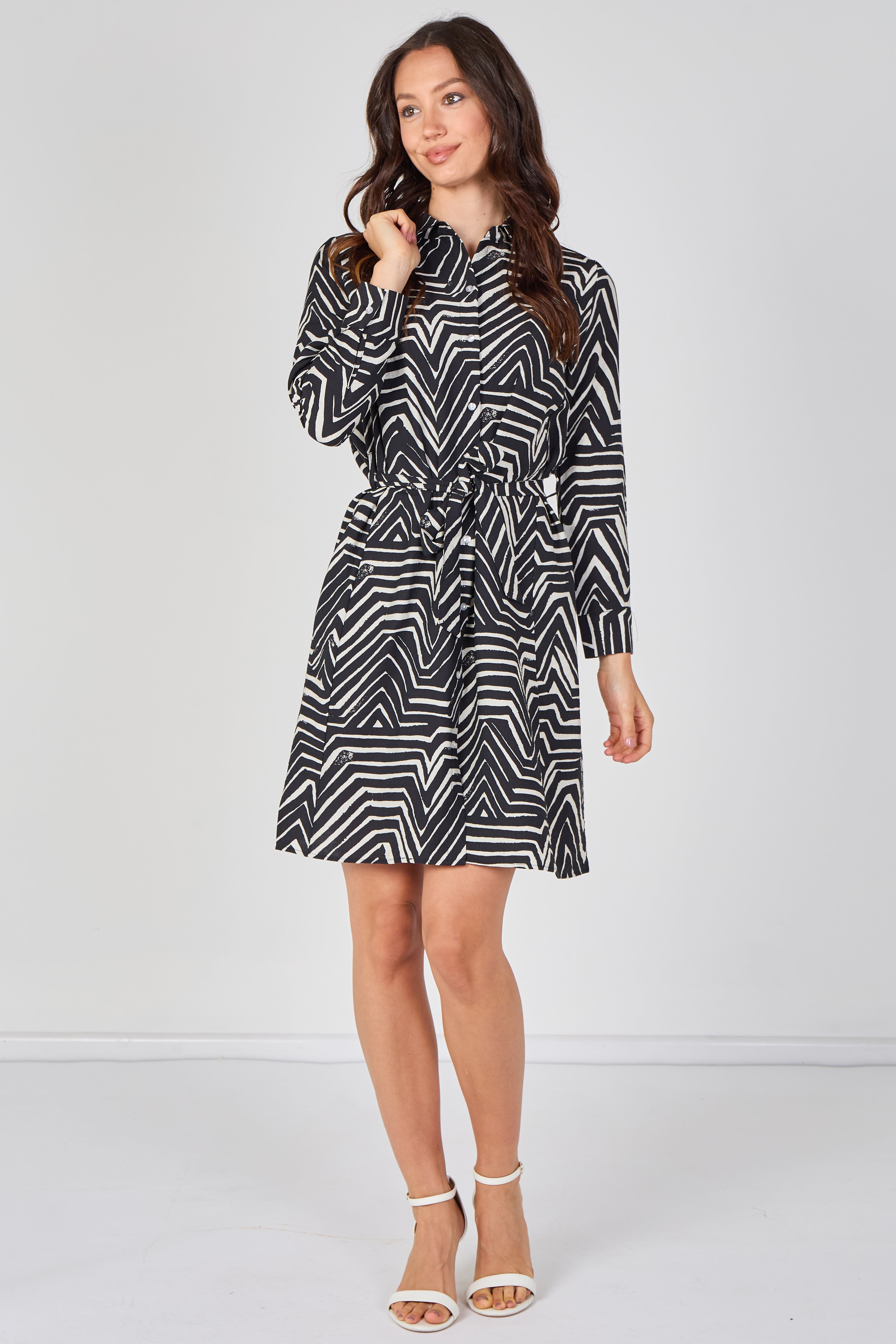6Pcs Black Geometric Print Long Sleeve Mini Shirt Dress