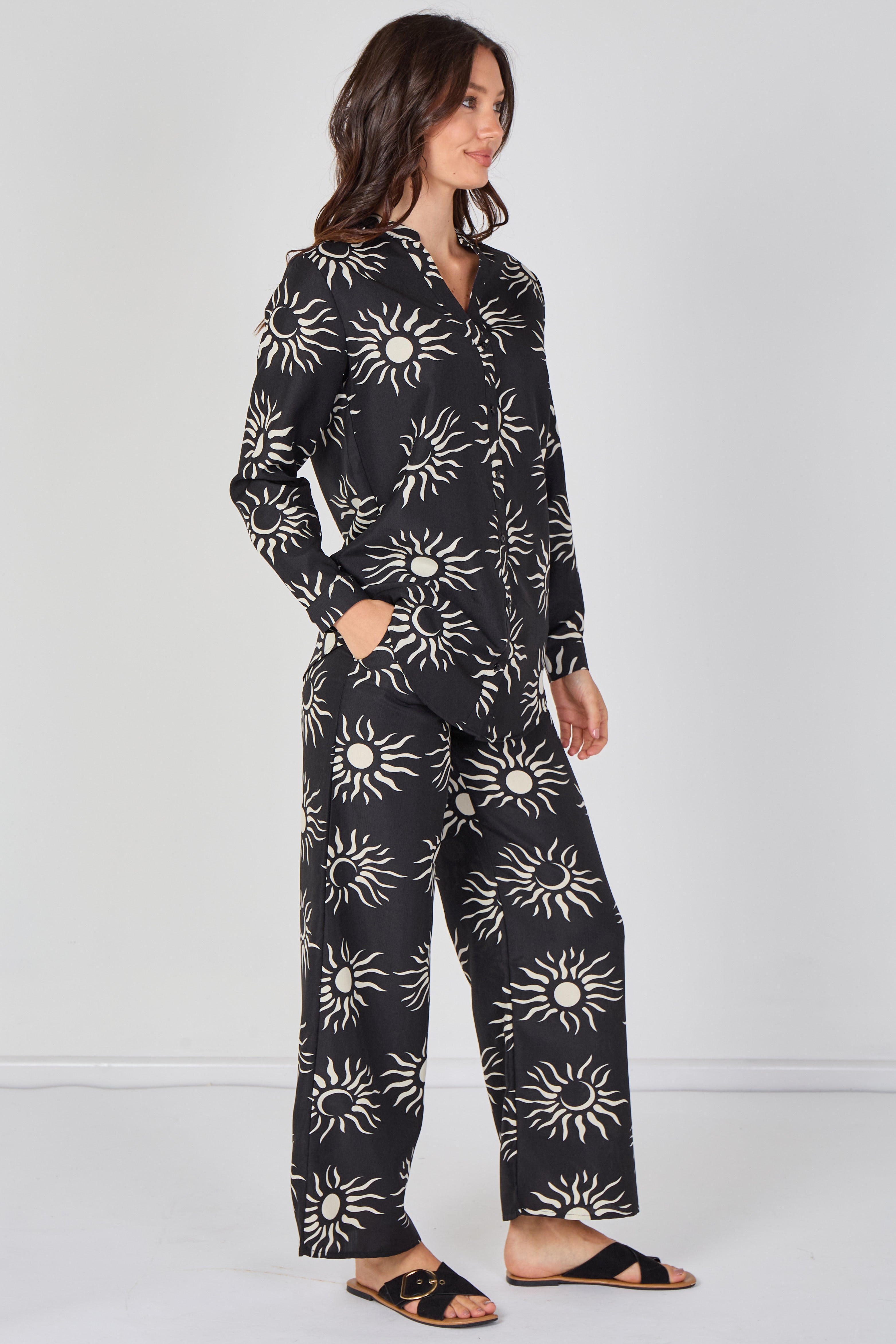 8Pcs Black Sun Print Shirt and Trouser Co-Ord Set