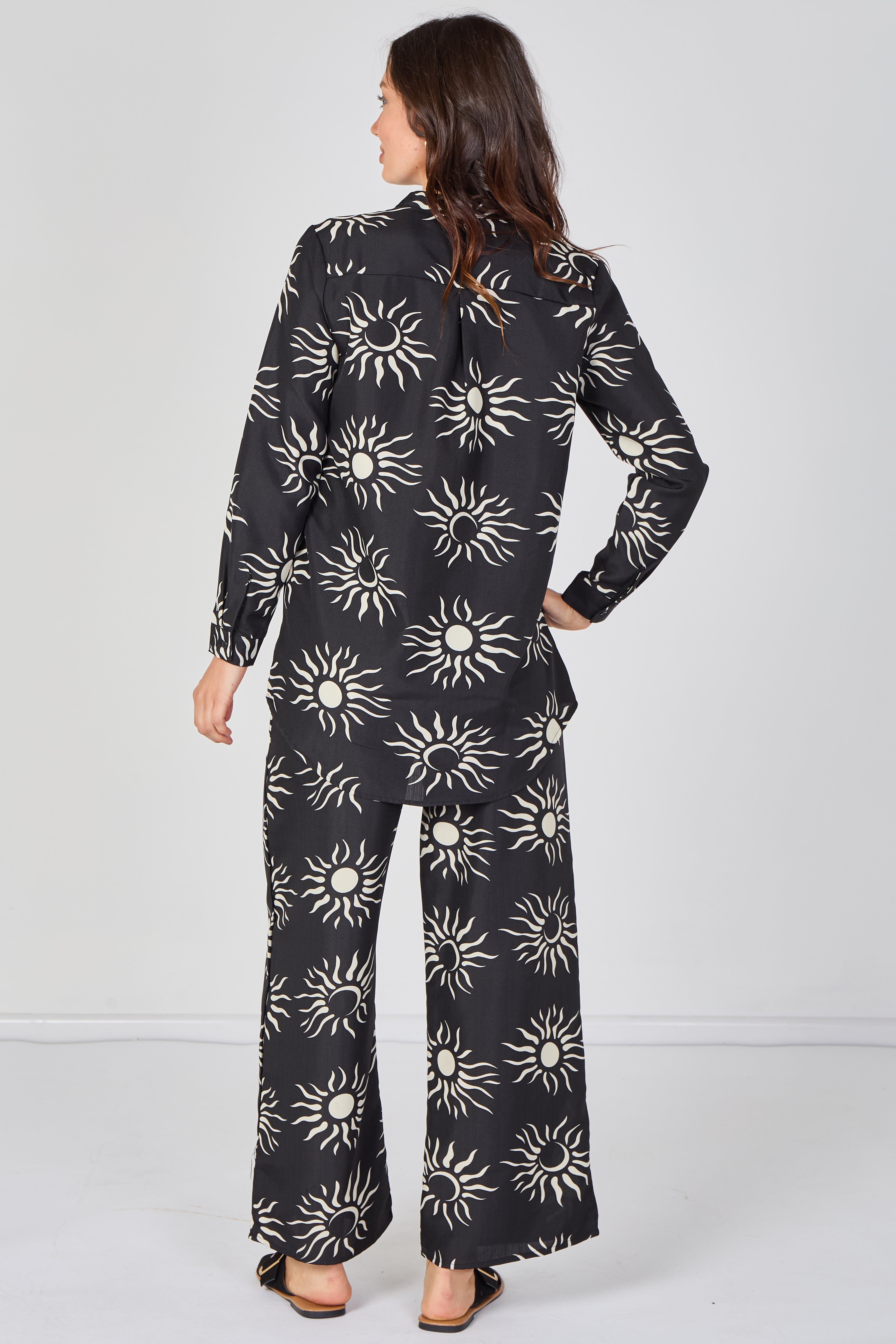8Pcs Black Sun Print Shirt and Trouser Co-Ord Set