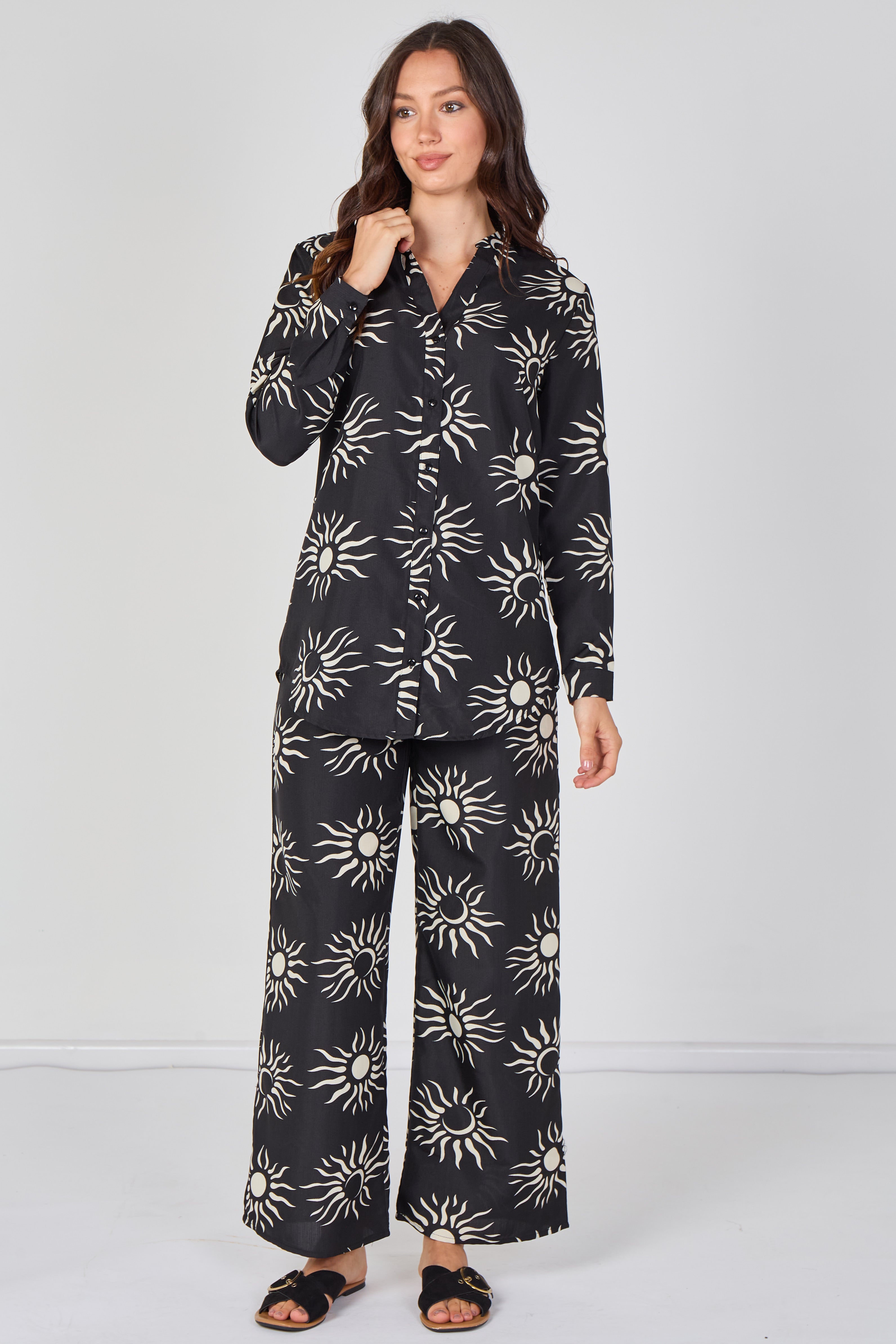 8Pcs Black Sun Print Shirt and Trouser Co-Ord Set