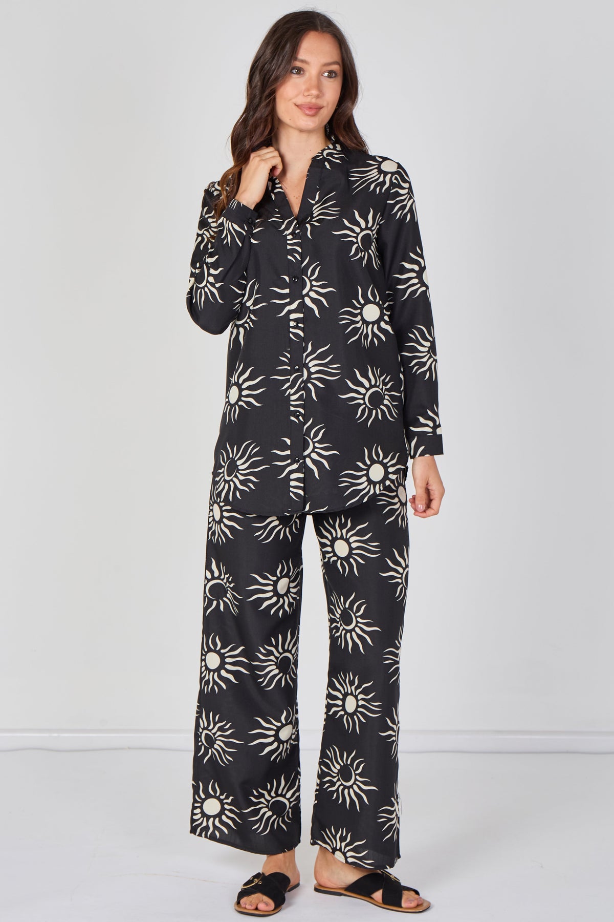 8Pcs Black Sun Print Shirt and Trouser Co-Ord Set