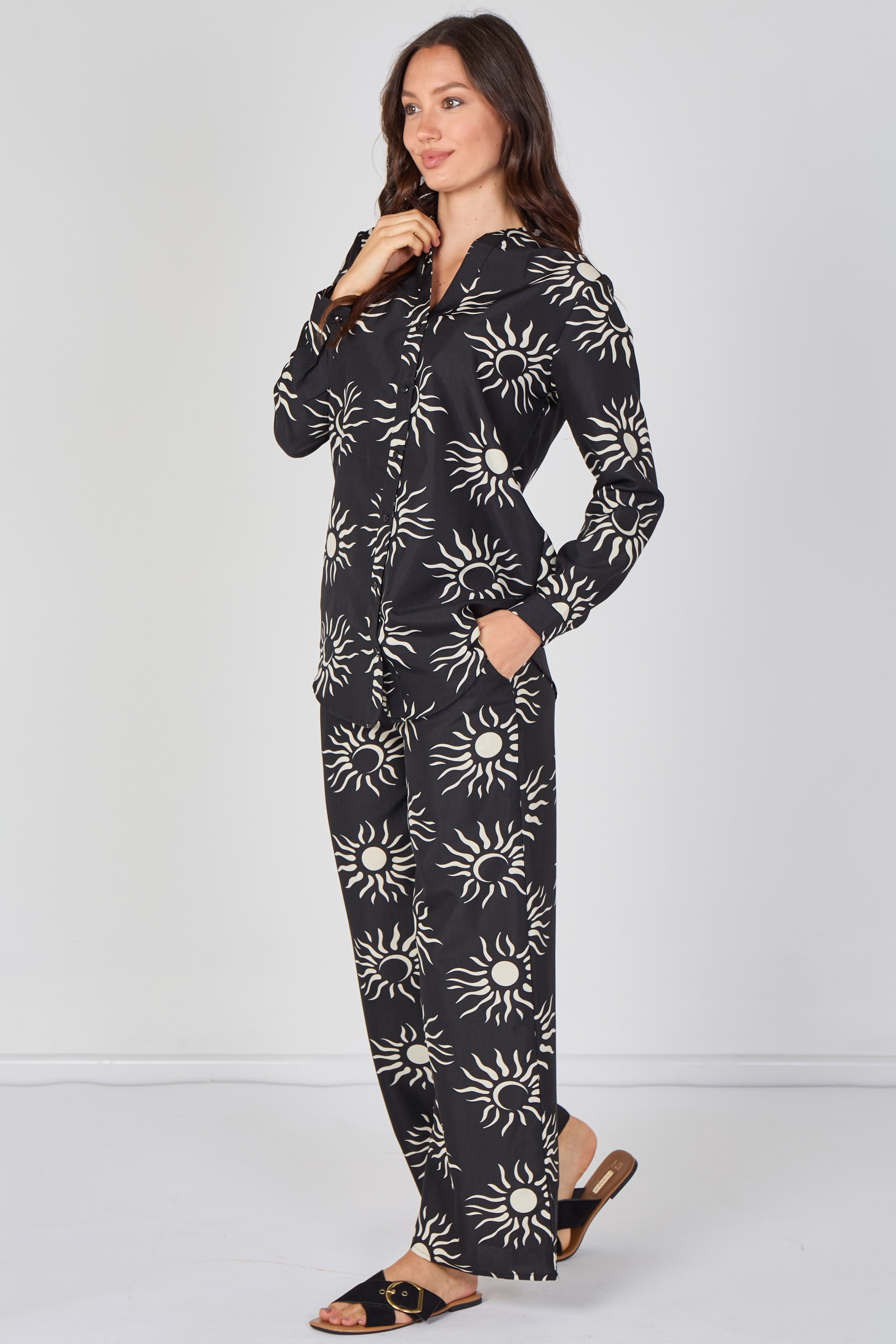 8Pcs Black Sun Print Shirt and Trouser Co-Ord Set