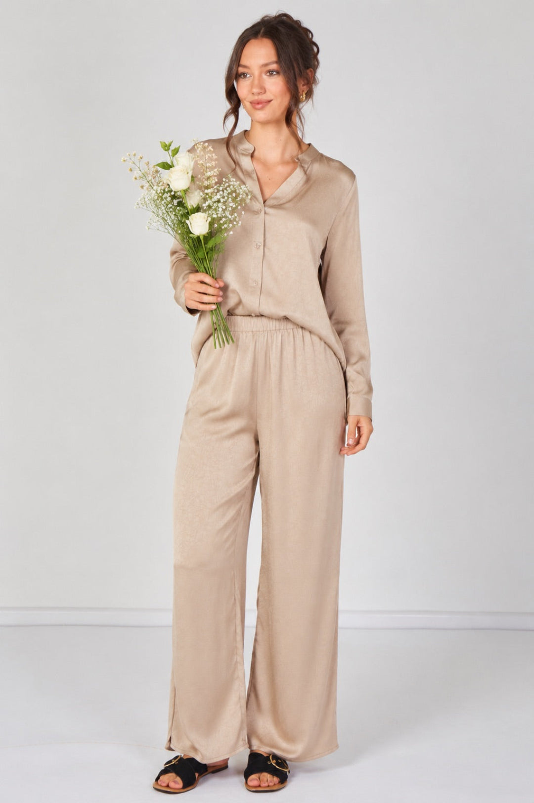 8Pcs Beige Satin Shirt & Straight Leg Trousers Co-Ord Set
