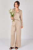 8Pcs Beige Satin Shirt & Straight Leg Trousers Co-Ord Set