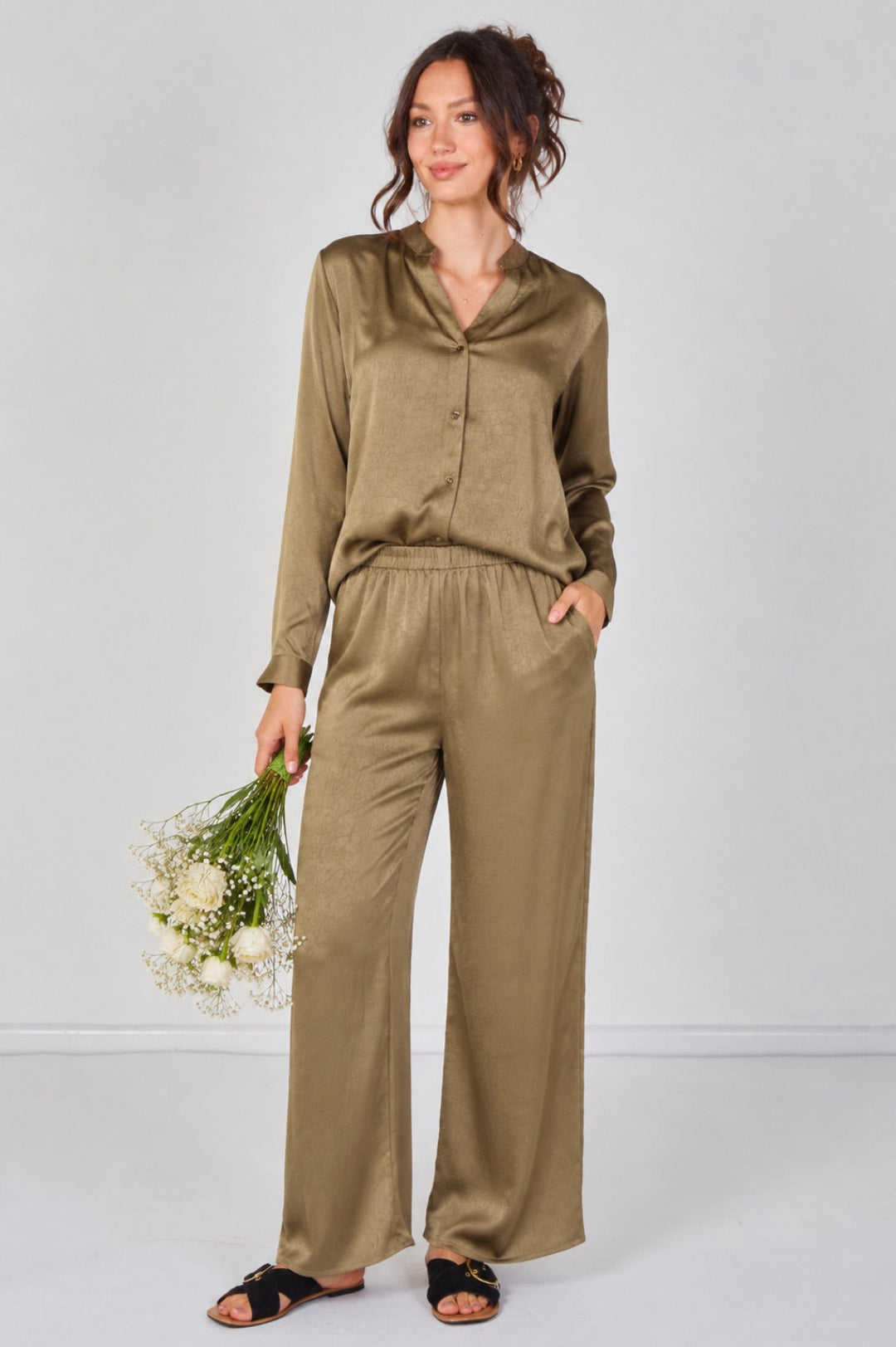 8Pcs Olive Satin Shirt & Straight Leg Trousers Co-Ord Set