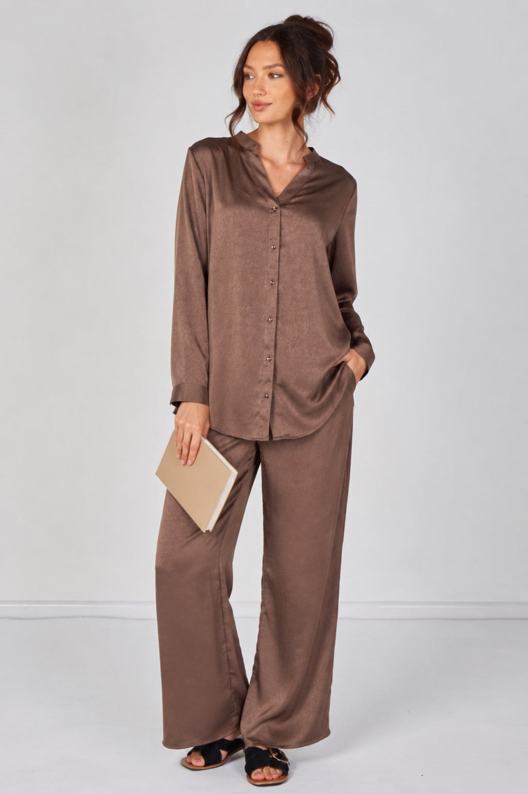 8Pcs Mocha Satin Shirt & Straight Leg Trousers Co-Ord Set