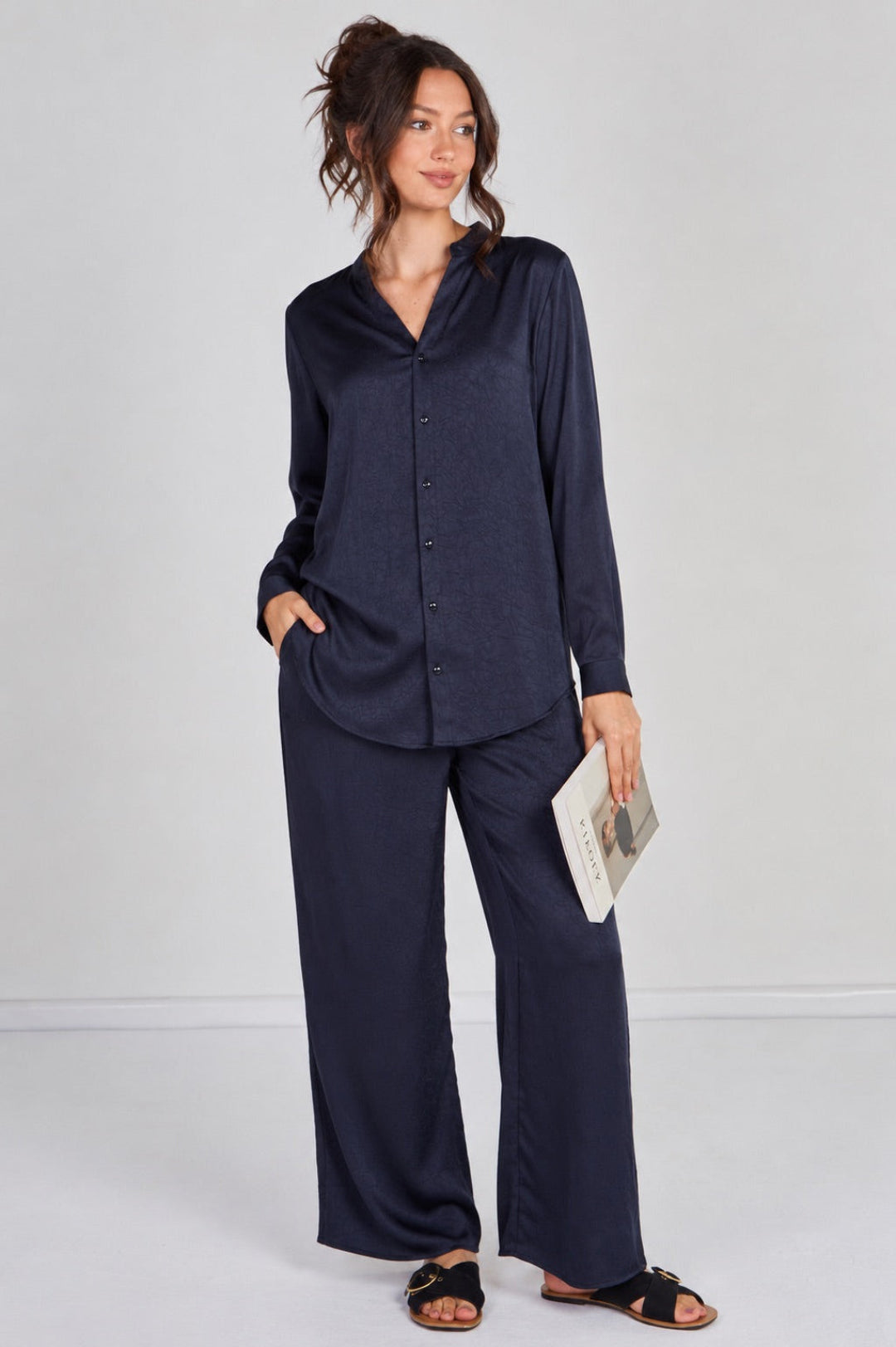 8Pcs Navy Satin Shirt & Straight Leg Trousers Co-Ord Set
