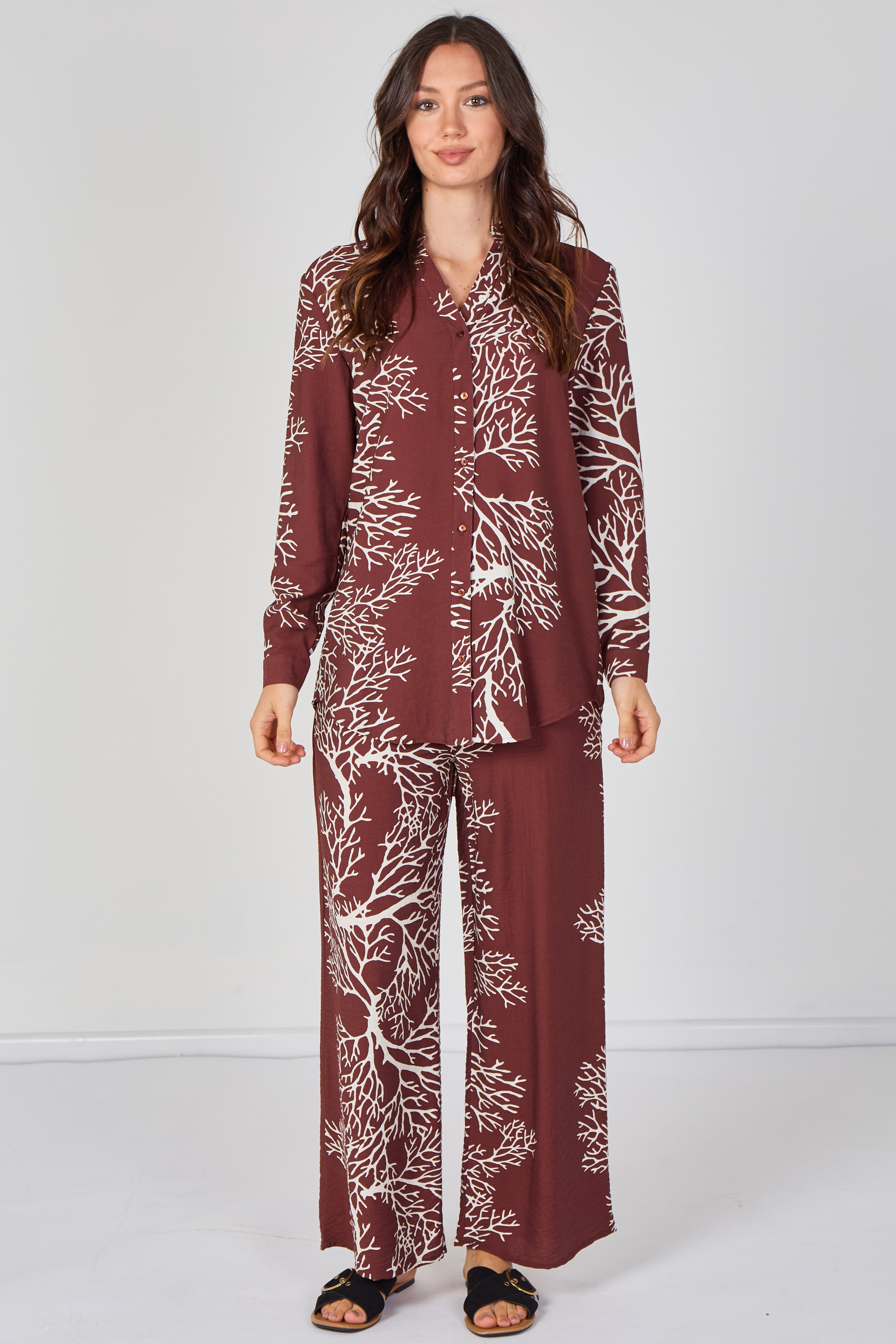 8Pcs Rust Coral Print Shirt and Trouser Co-Ord Set