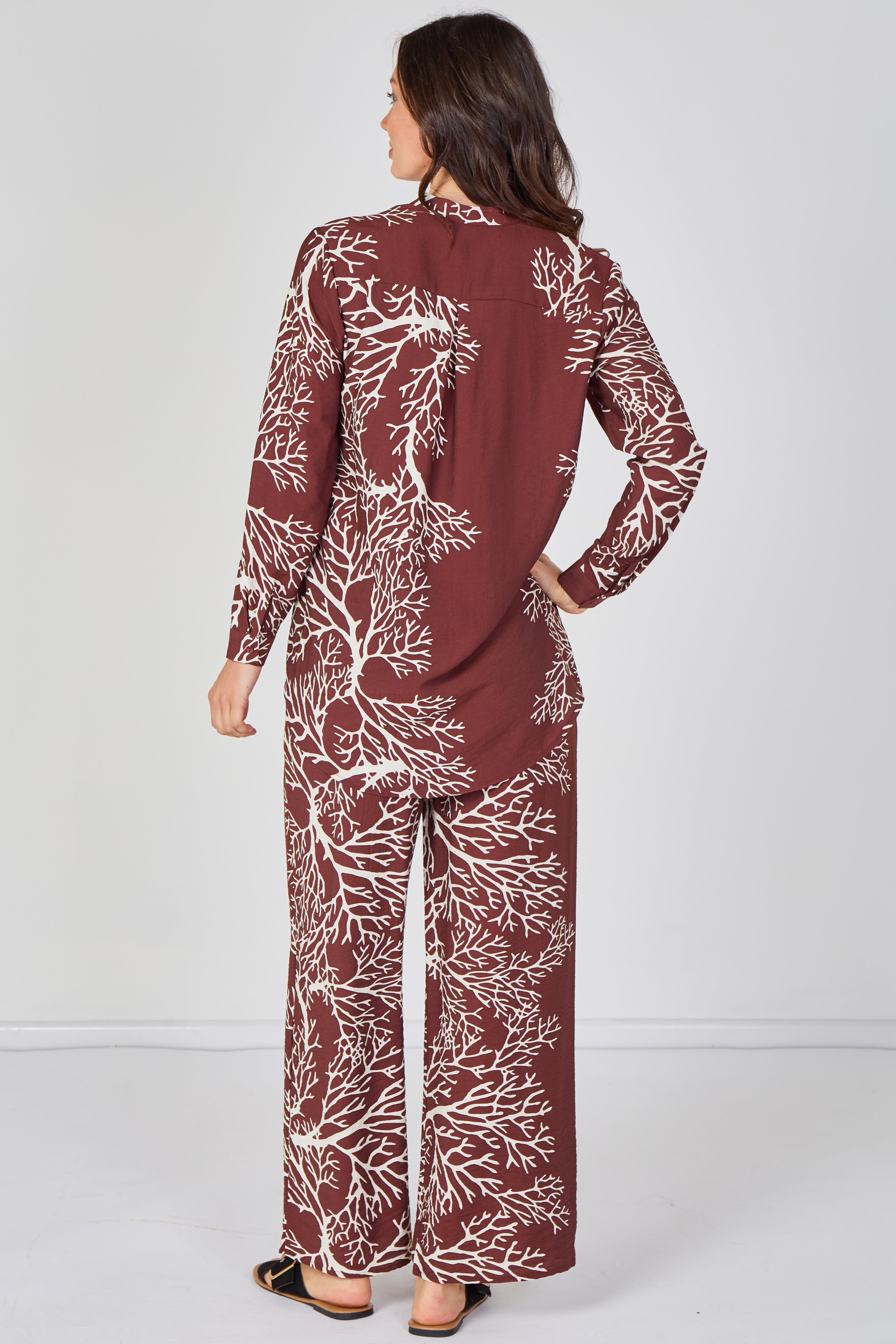 8Pcs Rust Coral Print Shirt and Trouser Co-Ord Set