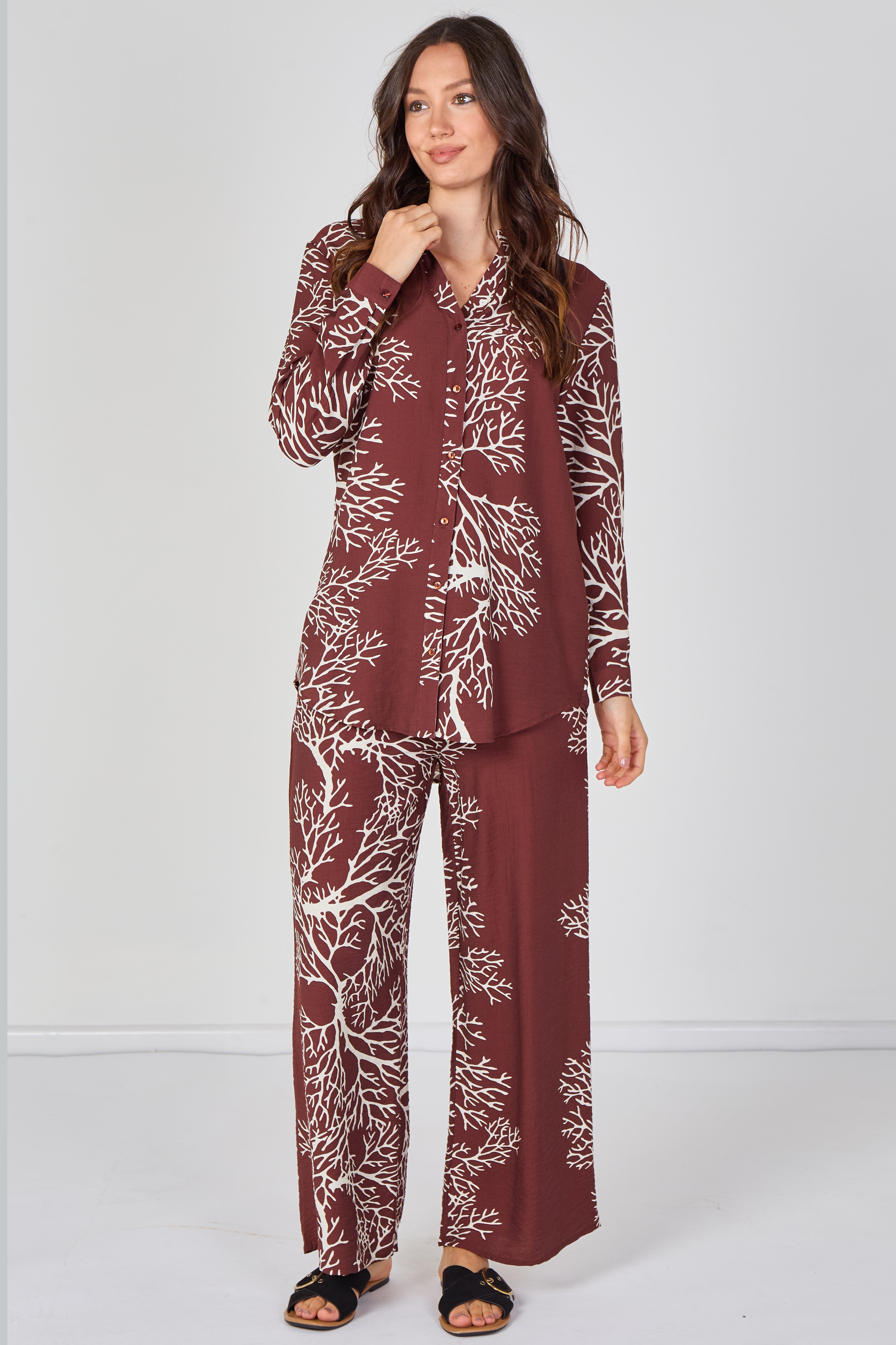 8Pcs Rust Coral Print Shirt and Trouser Co-Ord Set