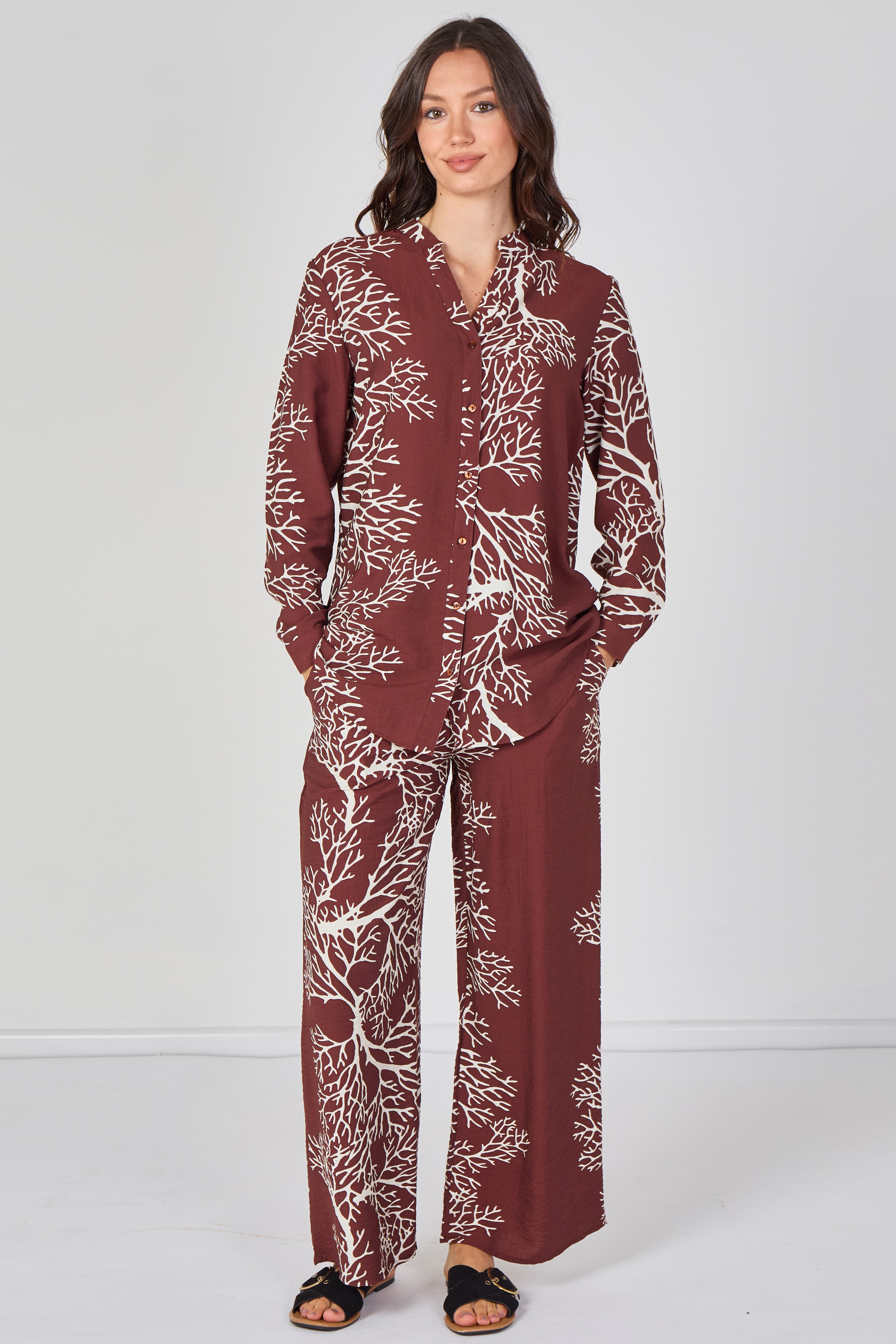 8Pcs Rust Coral Print Shirt and Trouser Co-Ord Set