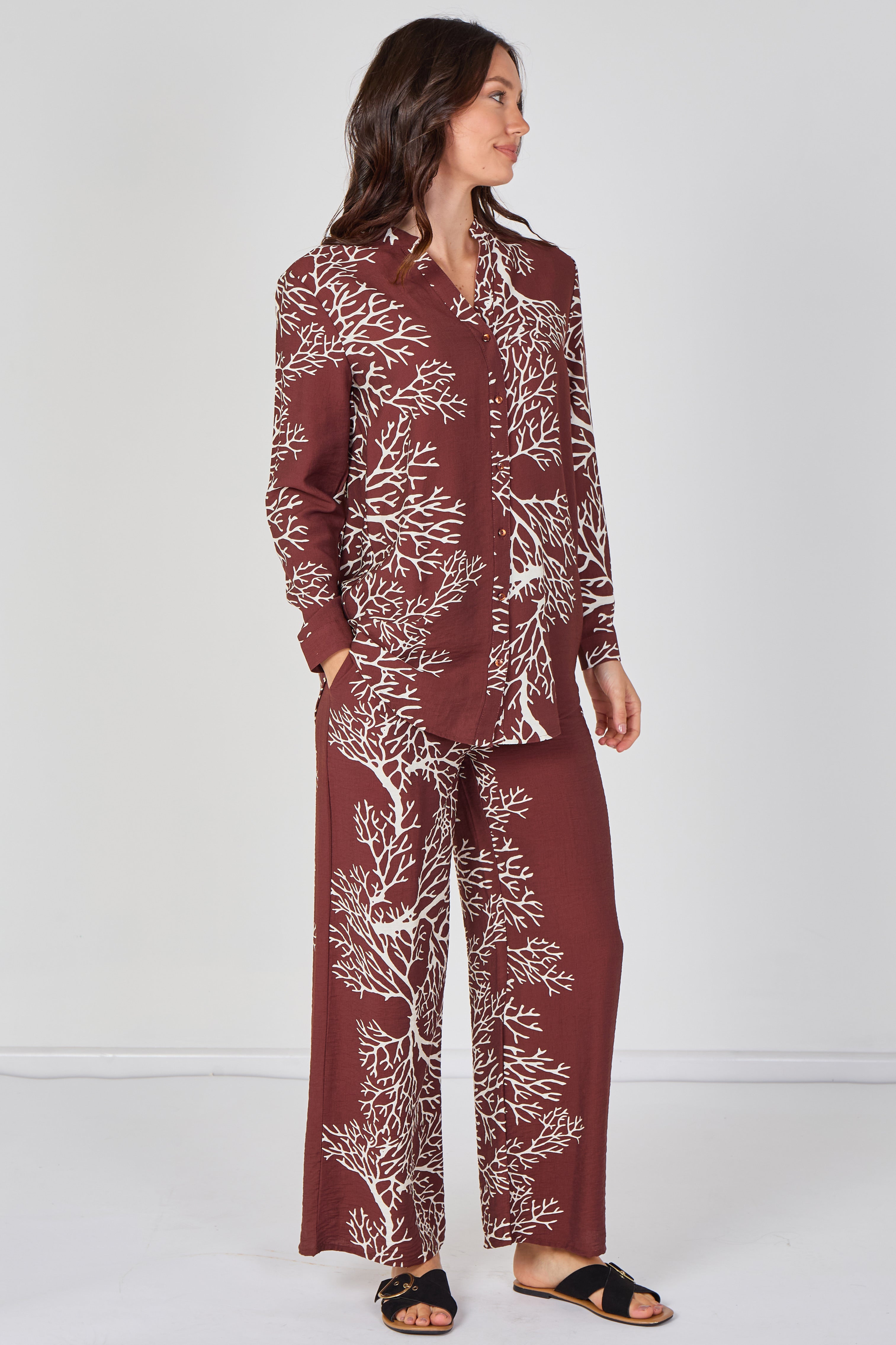 8Pcs Rust Coral Print Shirt and Trouser Co-Ord Set