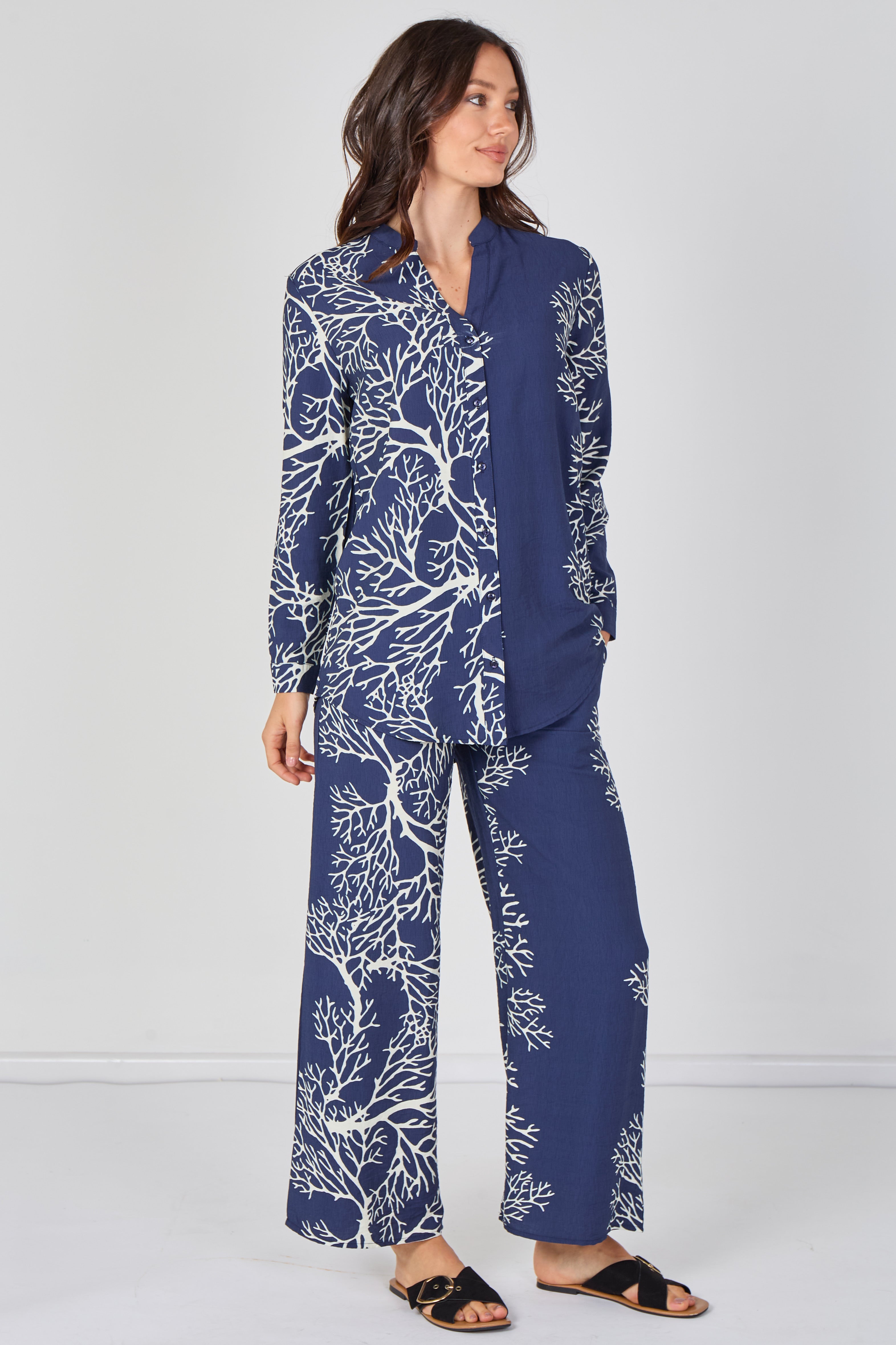 8Pcs Navy Coral Print Shirt and Trouser Co-Ord Set