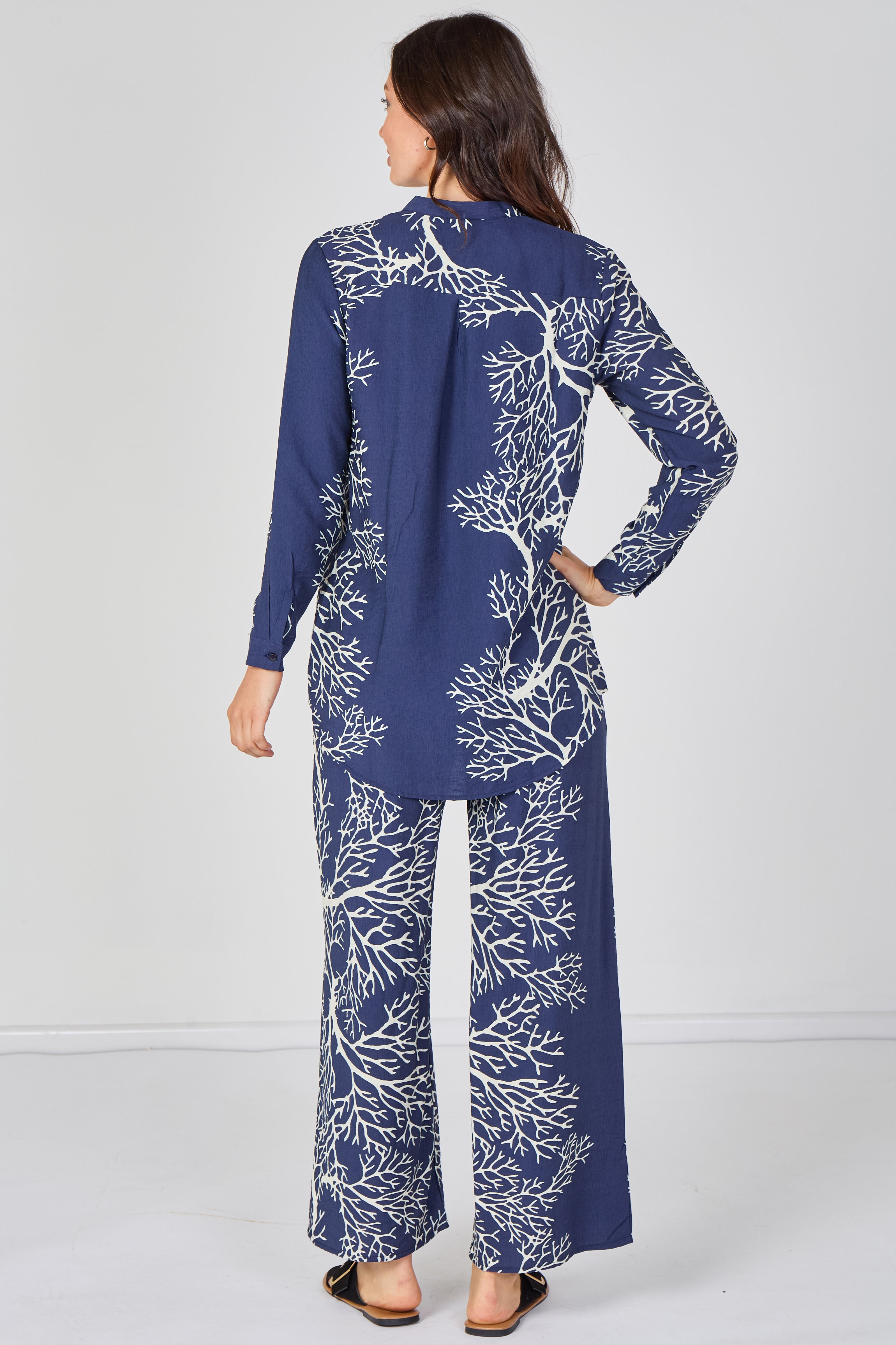 8Pcs Navy Coral Print Shirt and Trouser Co-Ord Set