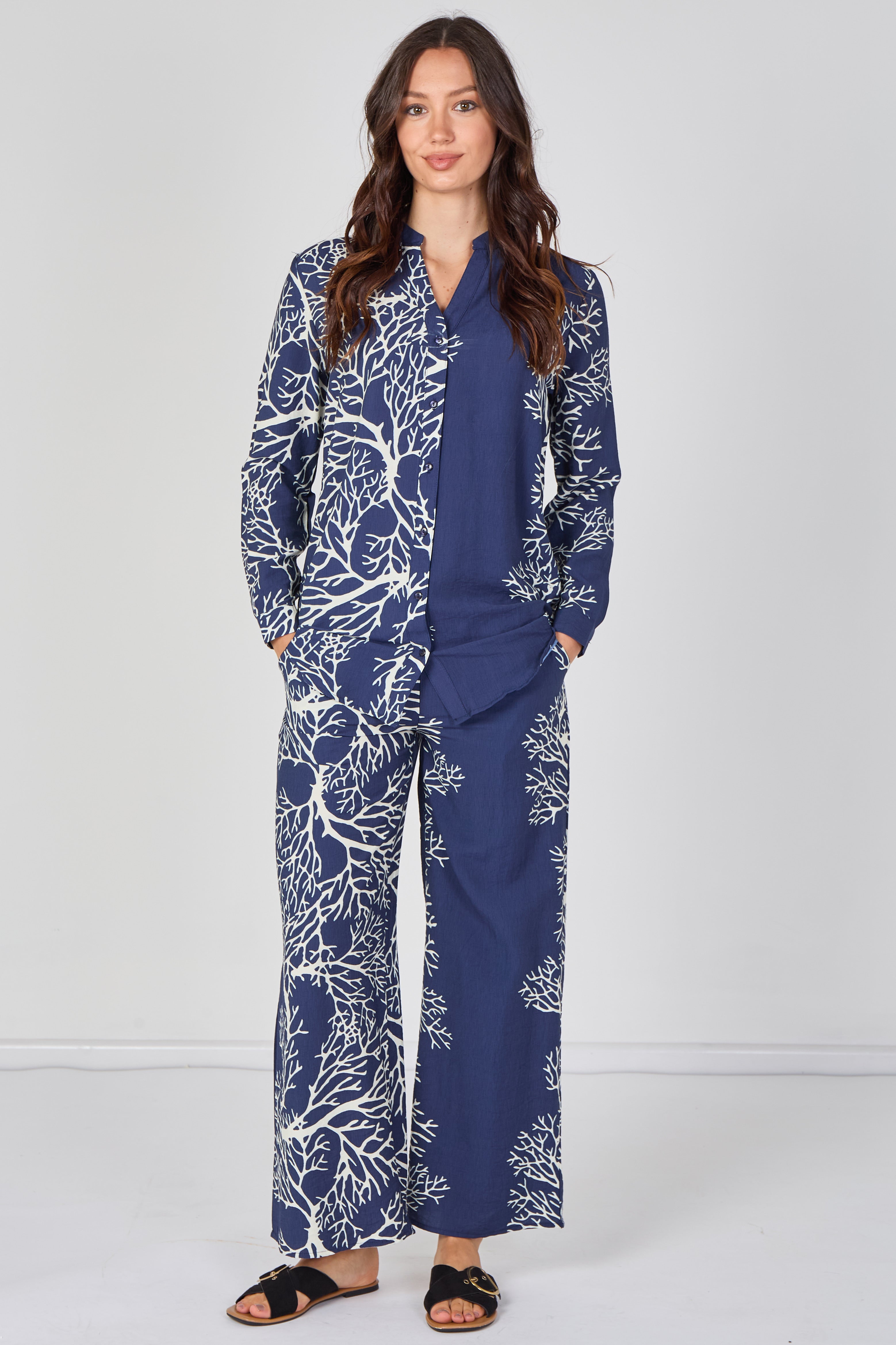8Pcs Navy Coral Print Shirt and Trouser Co-Ord Set