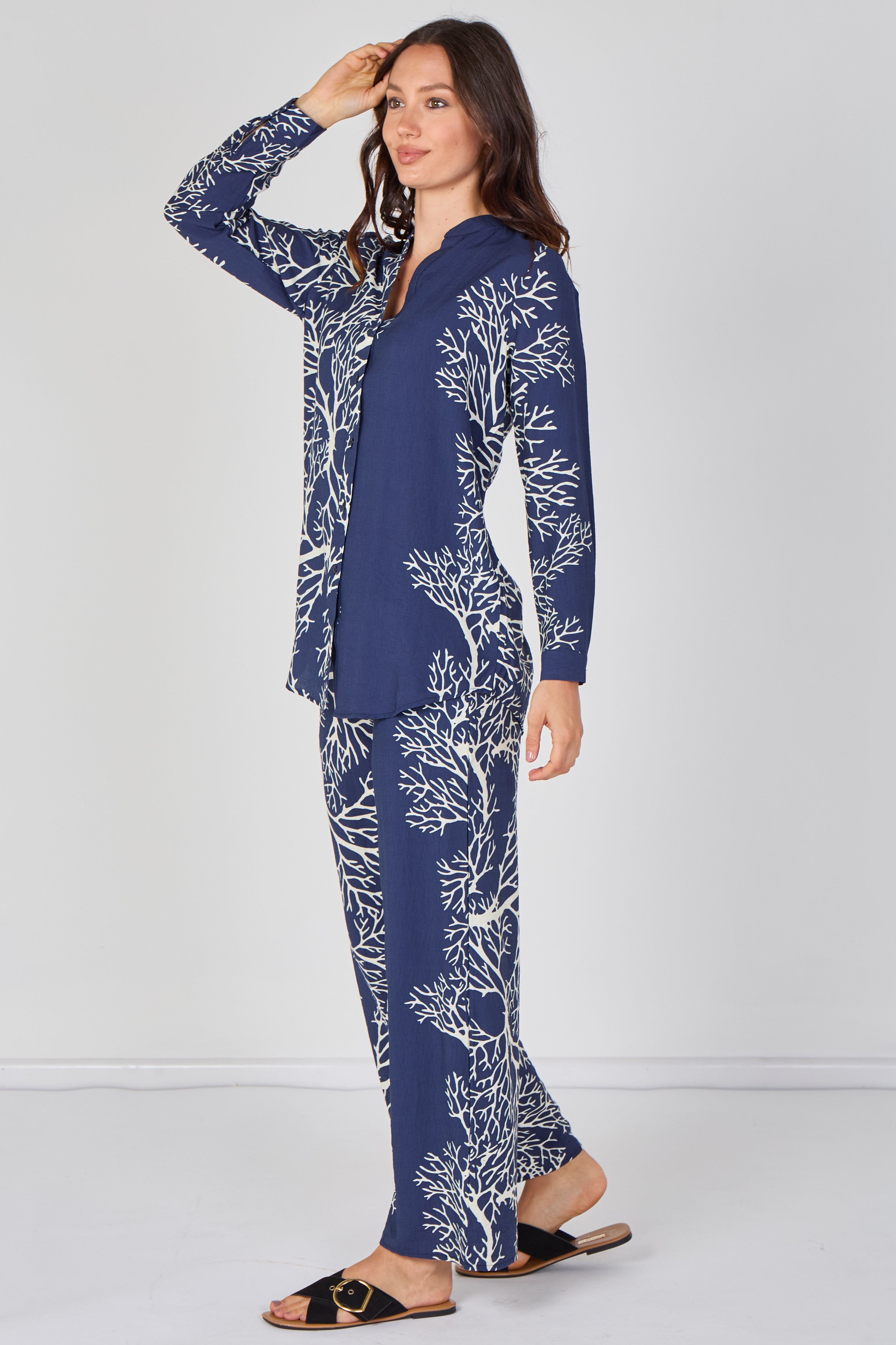 8Pcs Navy Coral Print Shirt and Trouser Co-Ord Set