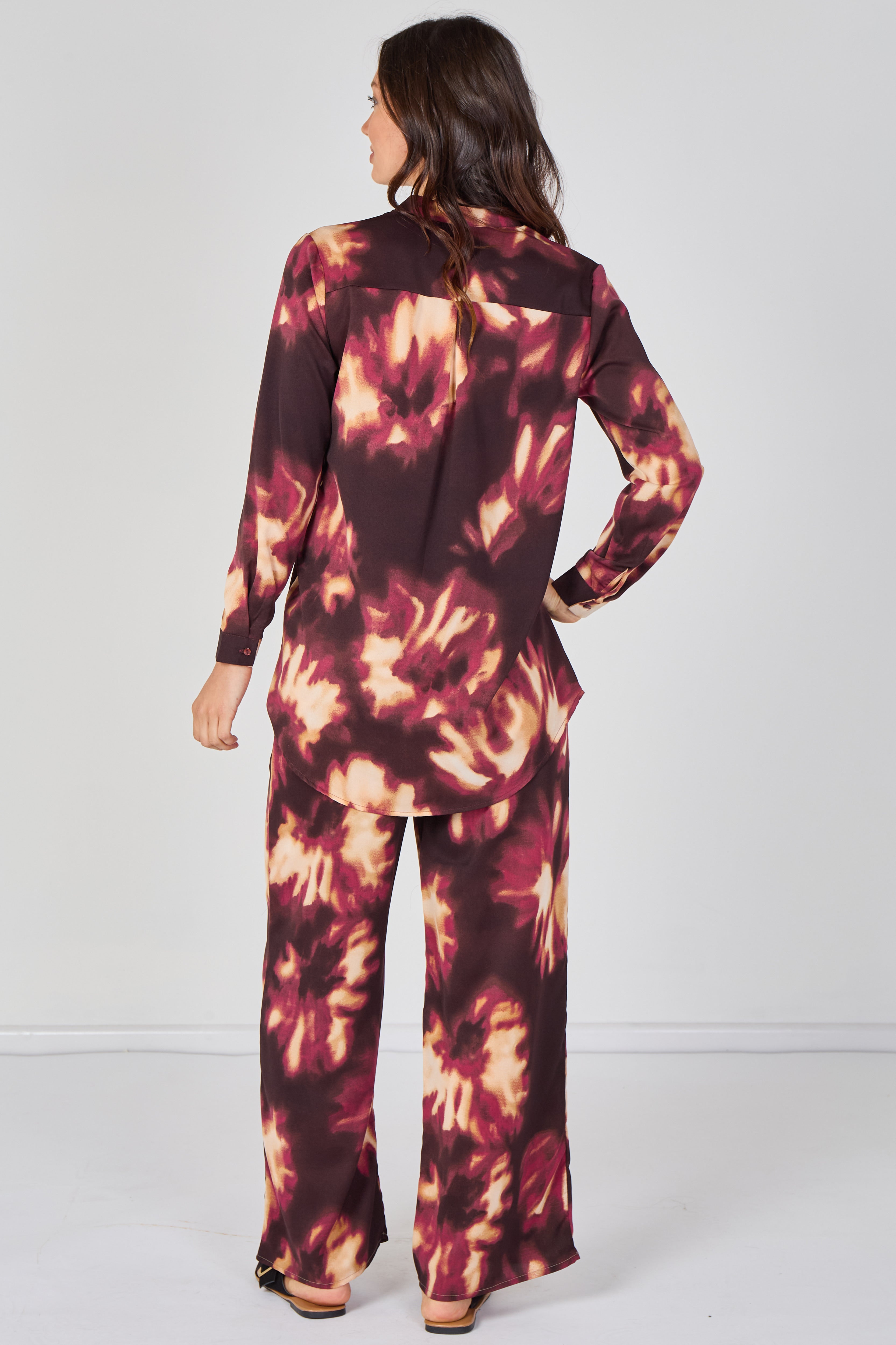 8Pcs Burgundy Abstract Print Shirt and Trouser Co-Ord Set