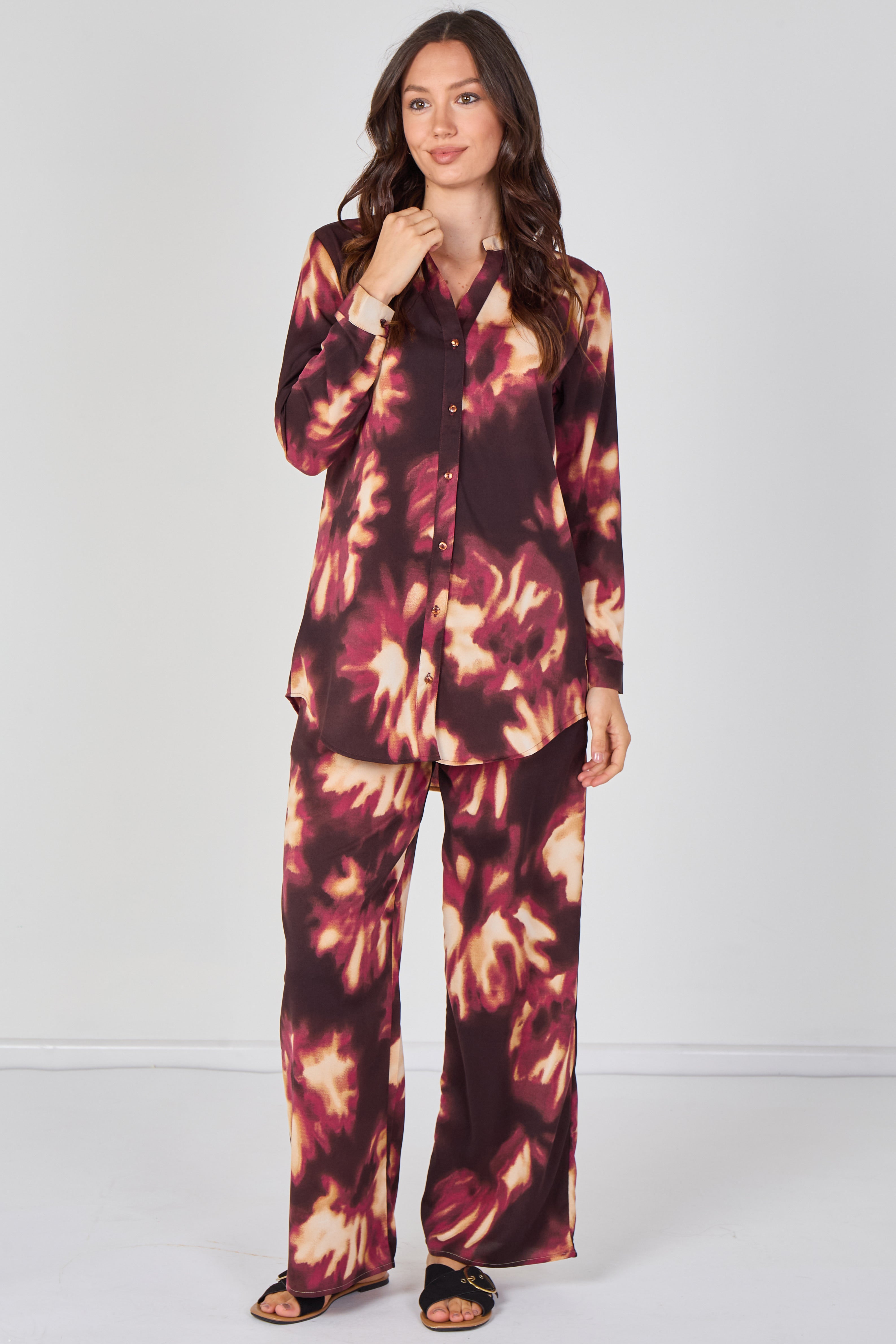 8Pcs Burgundy Abstract Print Shirt and Trouser Co-Ord Set