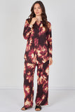 8Pcs Burgundy Abstract Print Shirt and Trouser Co-Ord Set