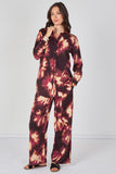 8Pcs Burgundy Abstract Print Shirt and Trouser Co-Ord Set