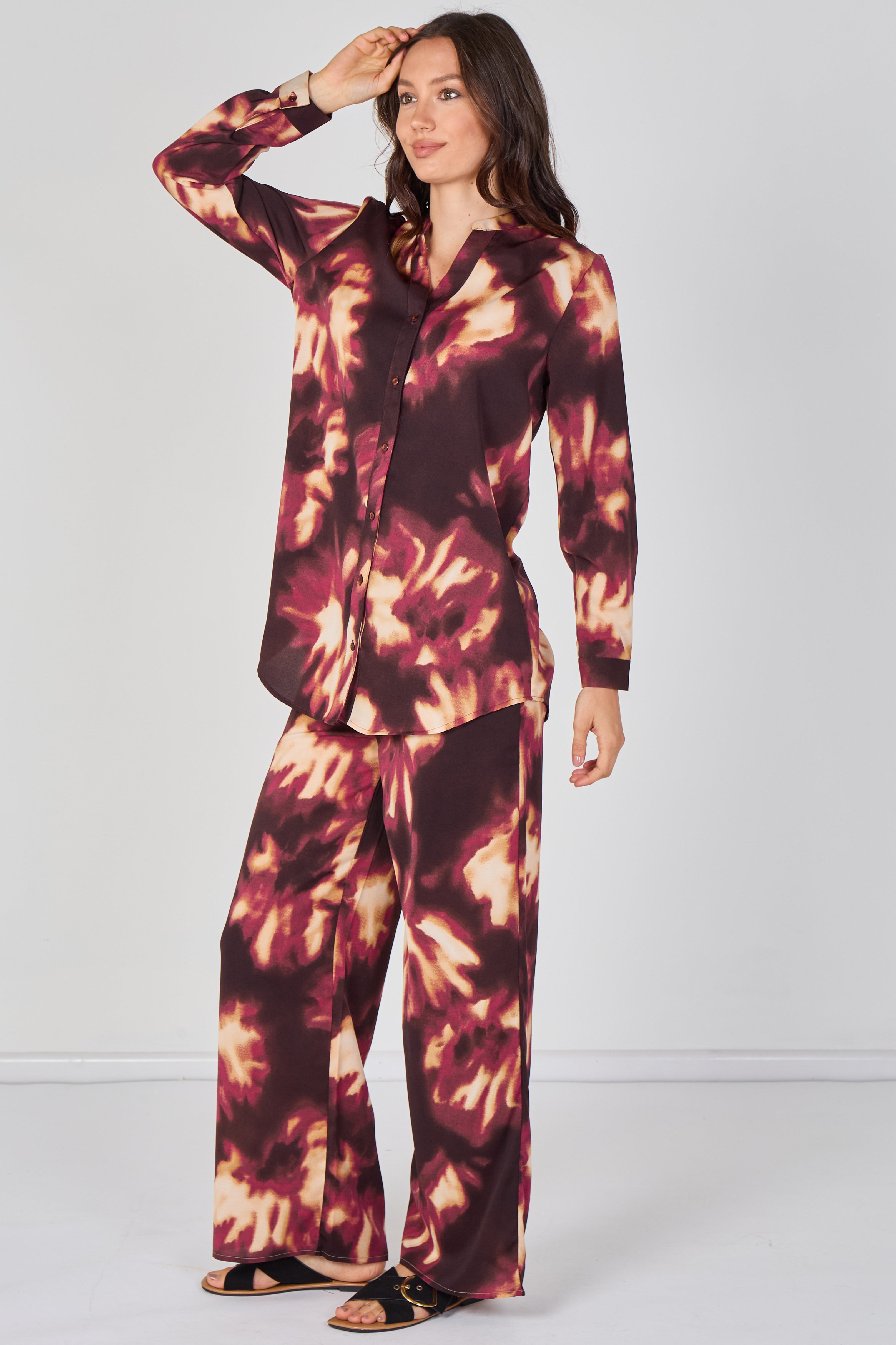 8Pcs Burgundy Abstract Print Shirt and Trouser Co-Ord Set