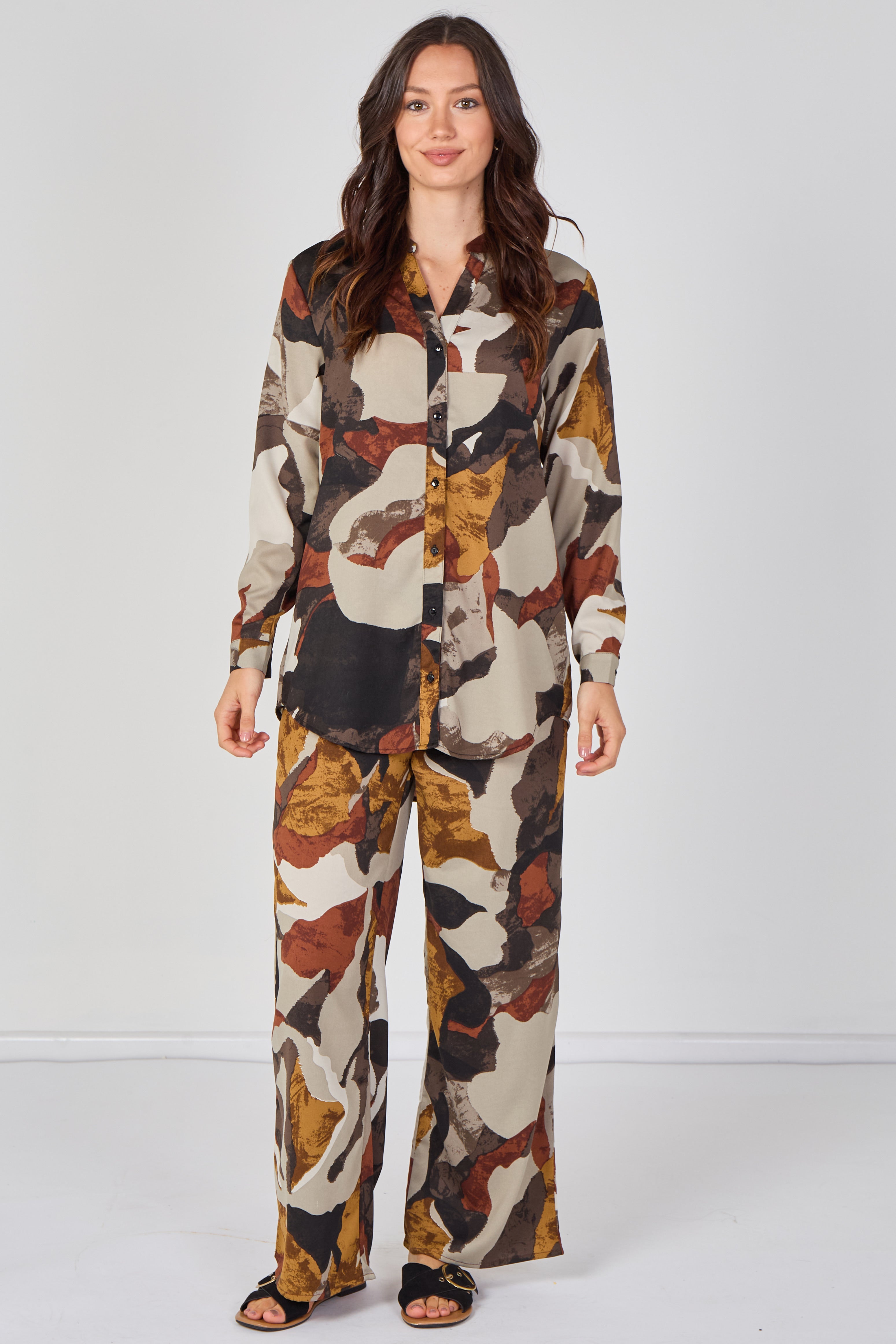 8Pcs Taupe Abstract Print Shirt and Trouser Co-Ord Set