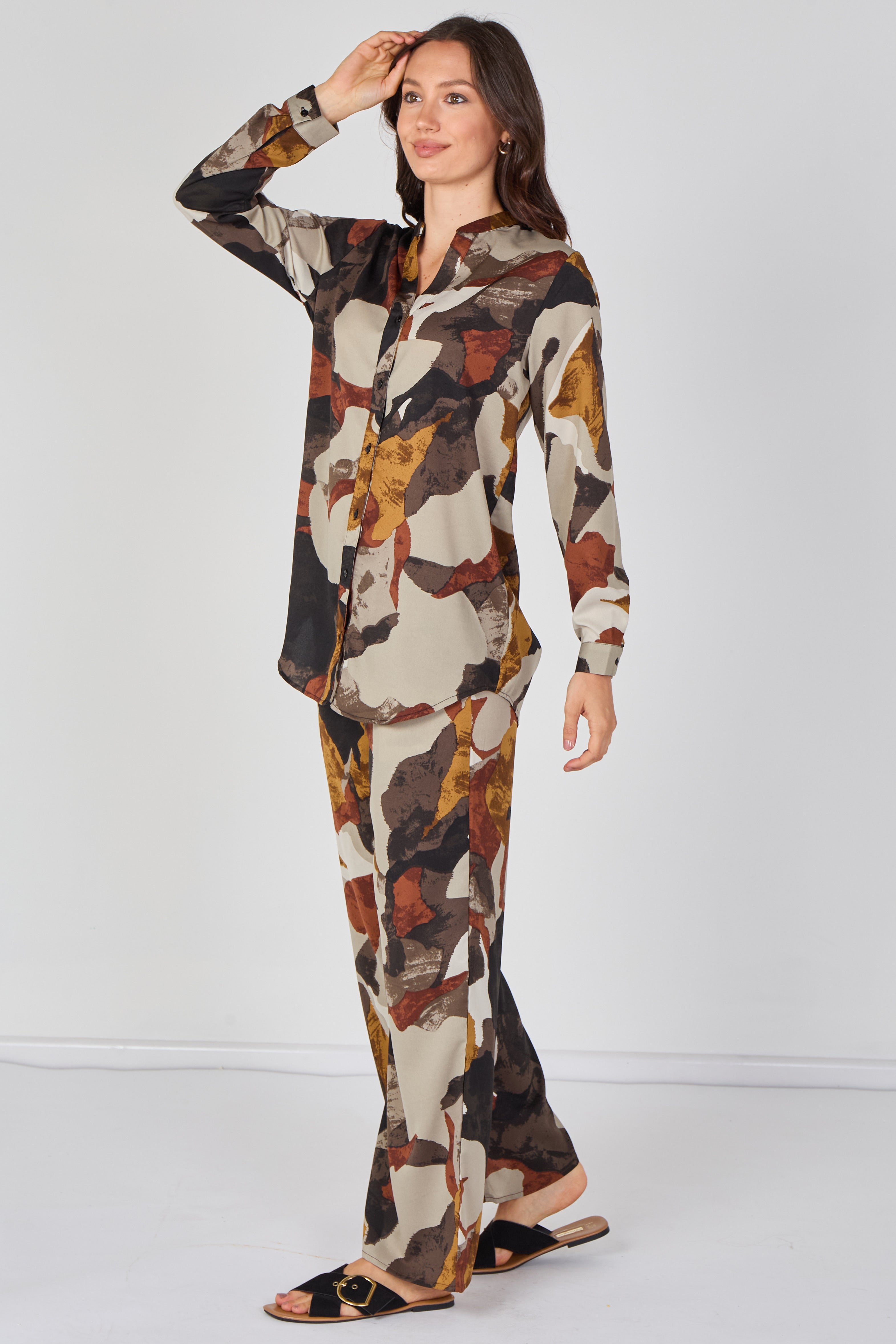8Pcs Taupe Abstract Print Shirt and Trouser Co-Ord Set
