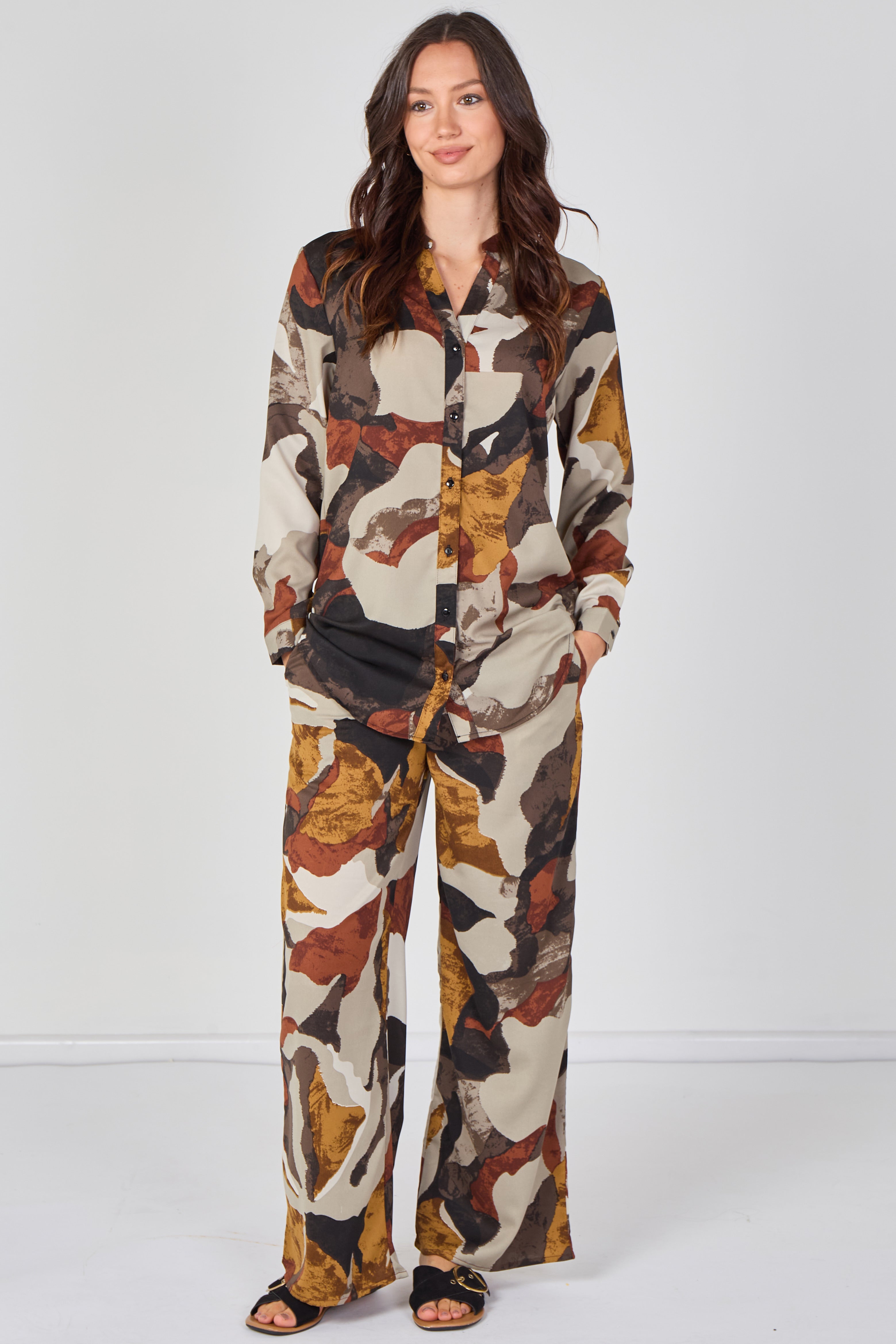 8Pcs Taupe Abstract Print Shirt and Trouser Co-Ord Set