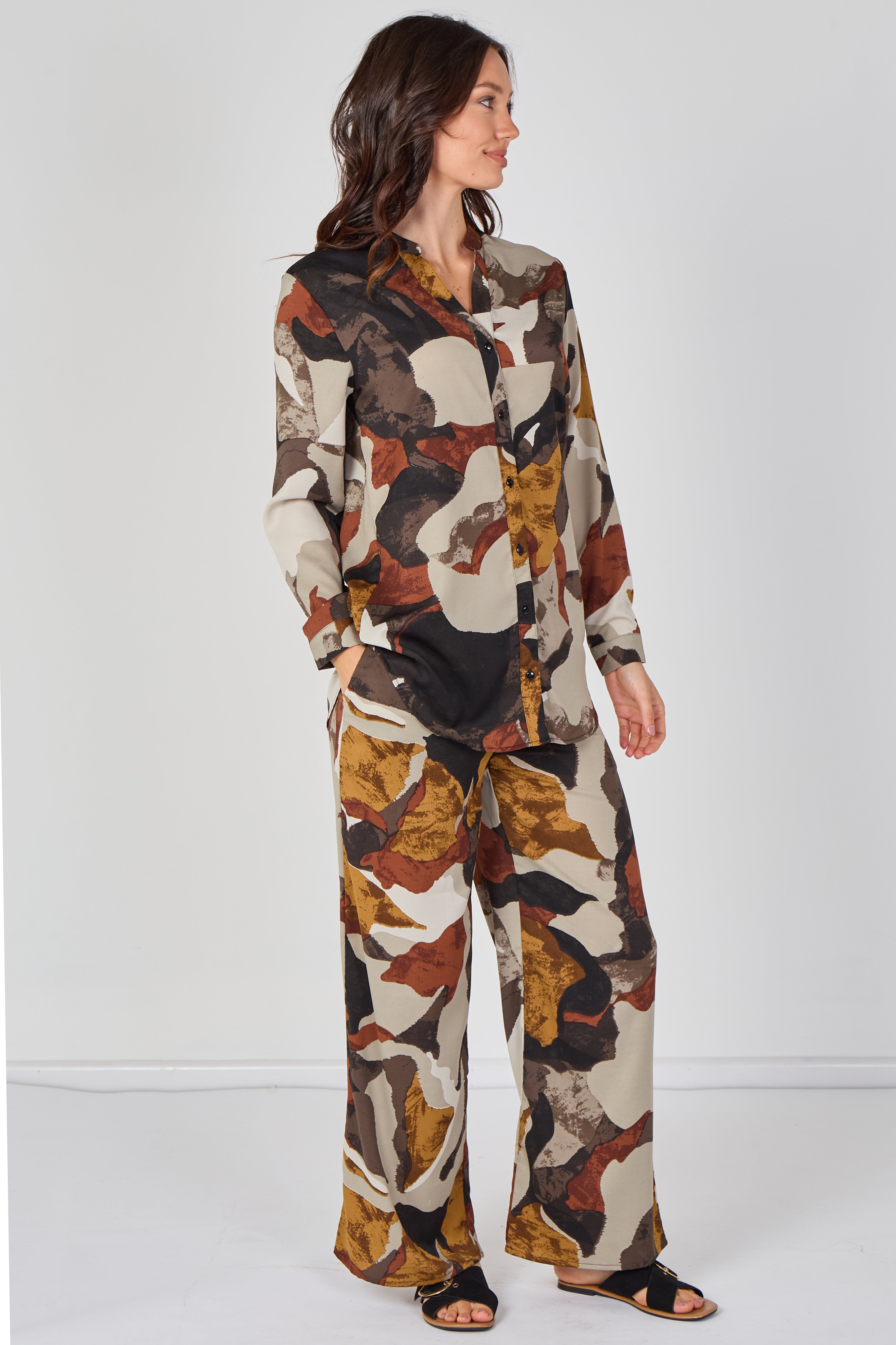 8Pcs Taupe Abstract Print Shirt and Trouser Co-Ord Set